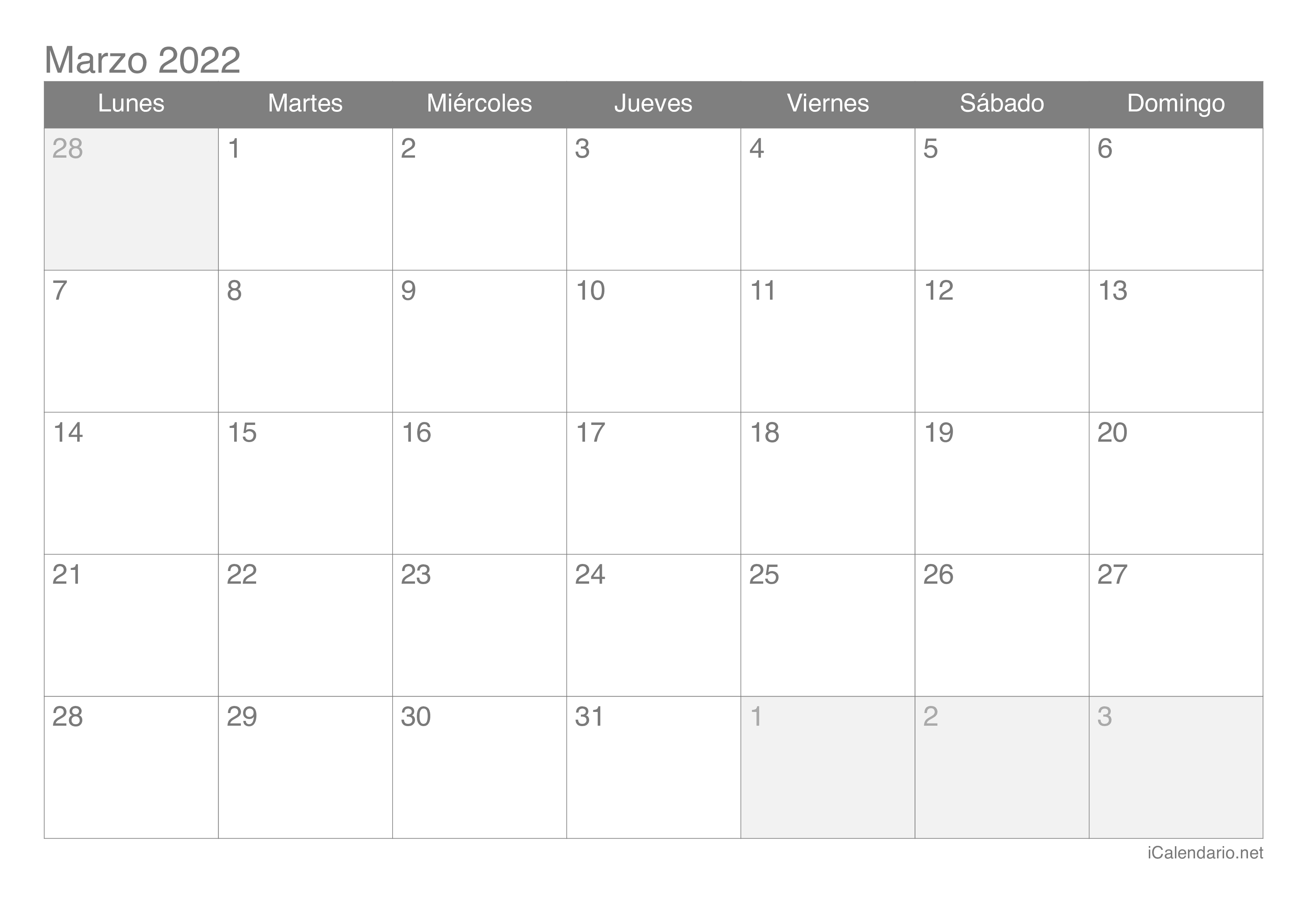Calendario de marzo 2022