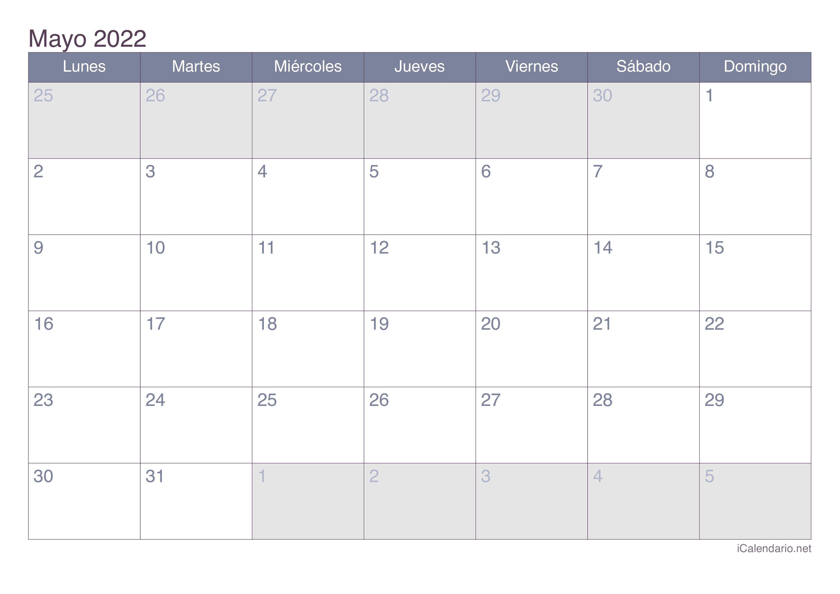 Mes De Mayo Calendario Calendario mayo de 2022 para imprimir