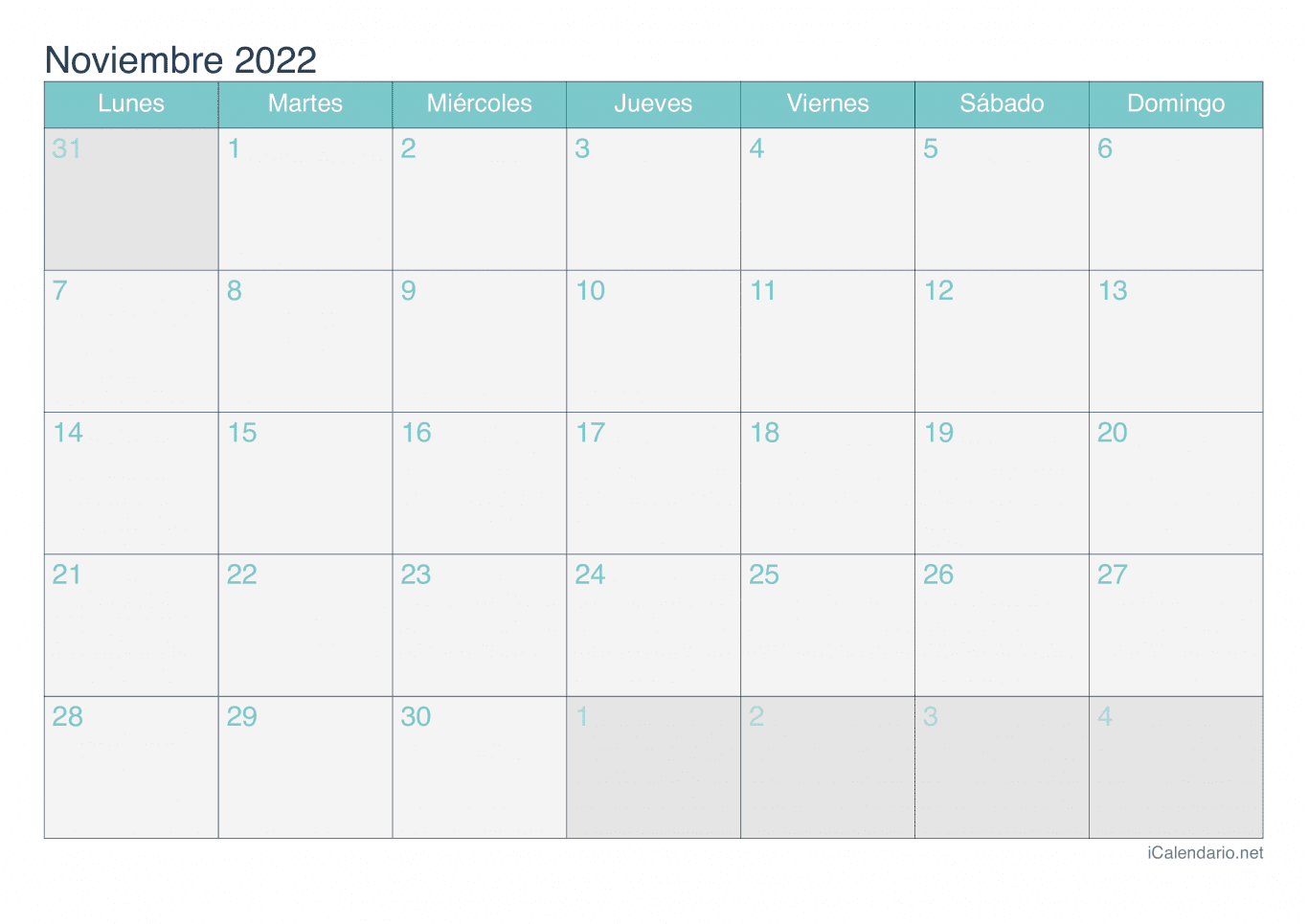 Calendario de noviembre 2022 - Turquesa