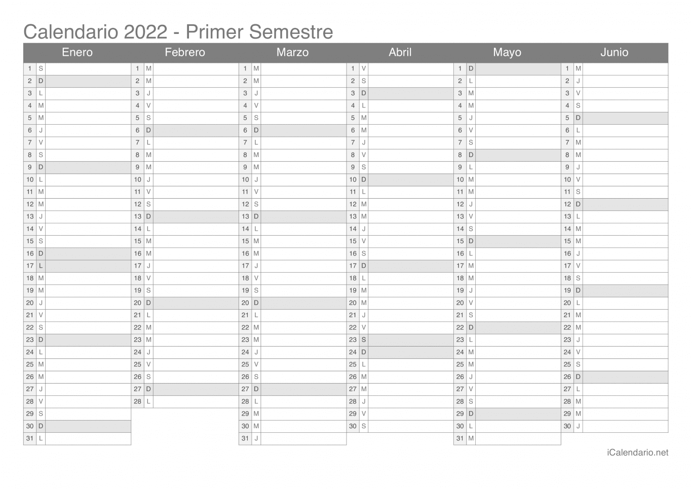 Calendario por semestre 2022