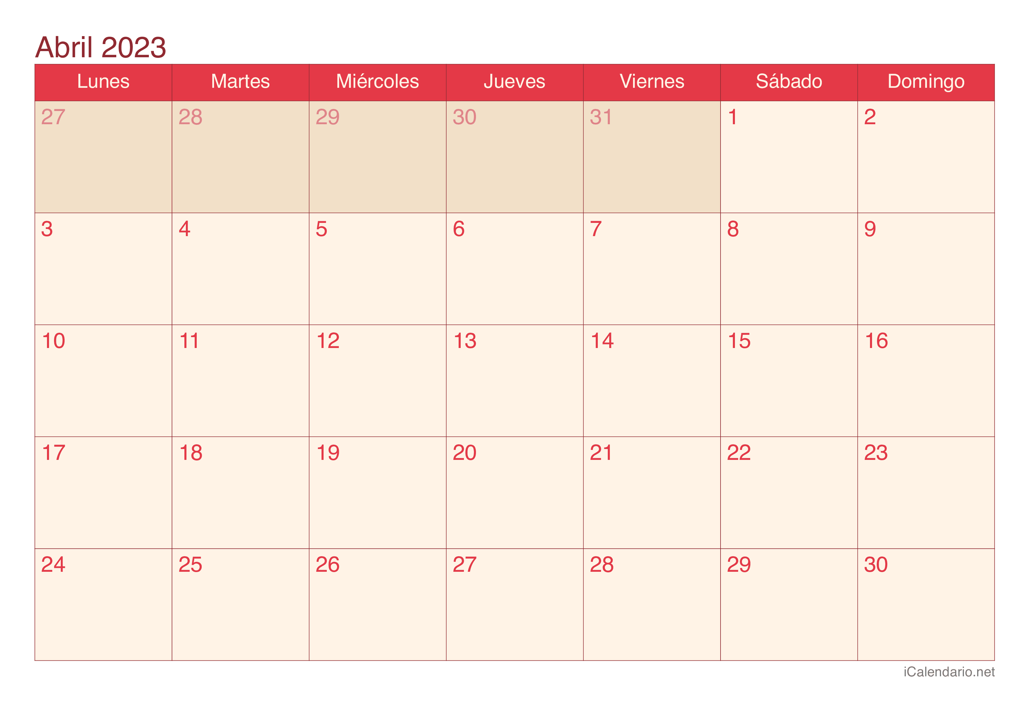Calendario de abril 2023 - Cherry