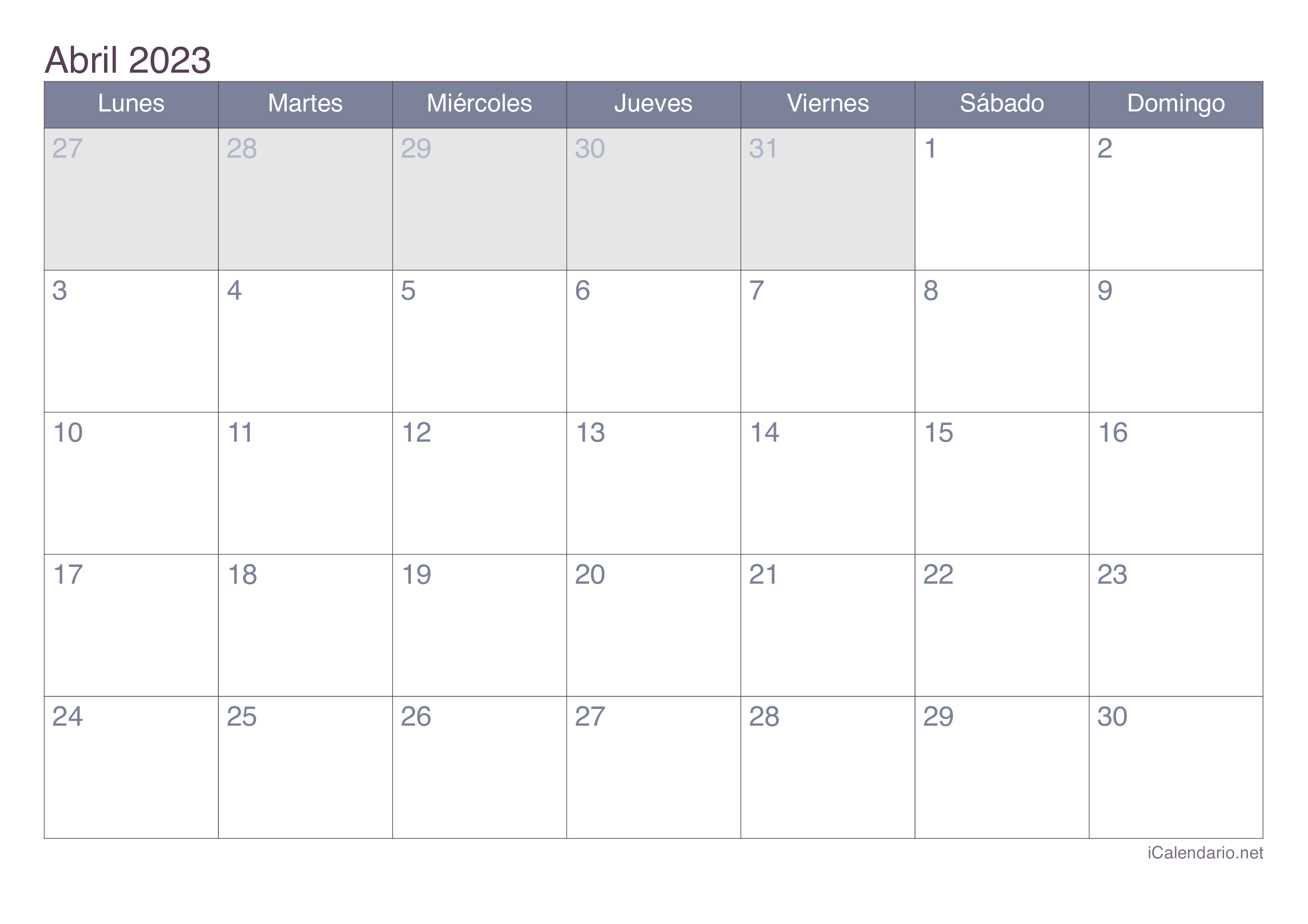 Mes De Abril Calendario Calendario abril de 2023 para imprimir