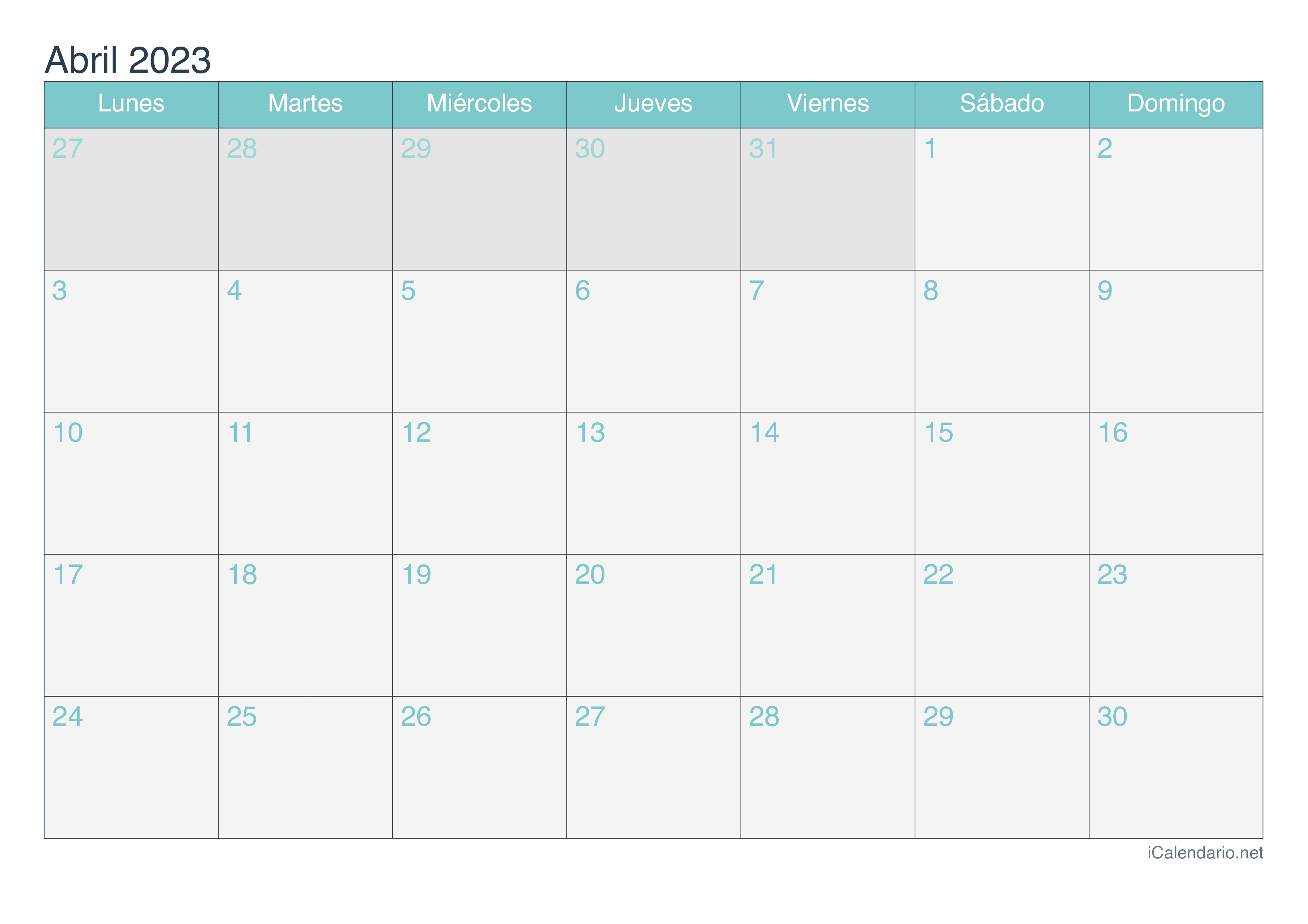 Calendario de abril 2023 - Turquesa