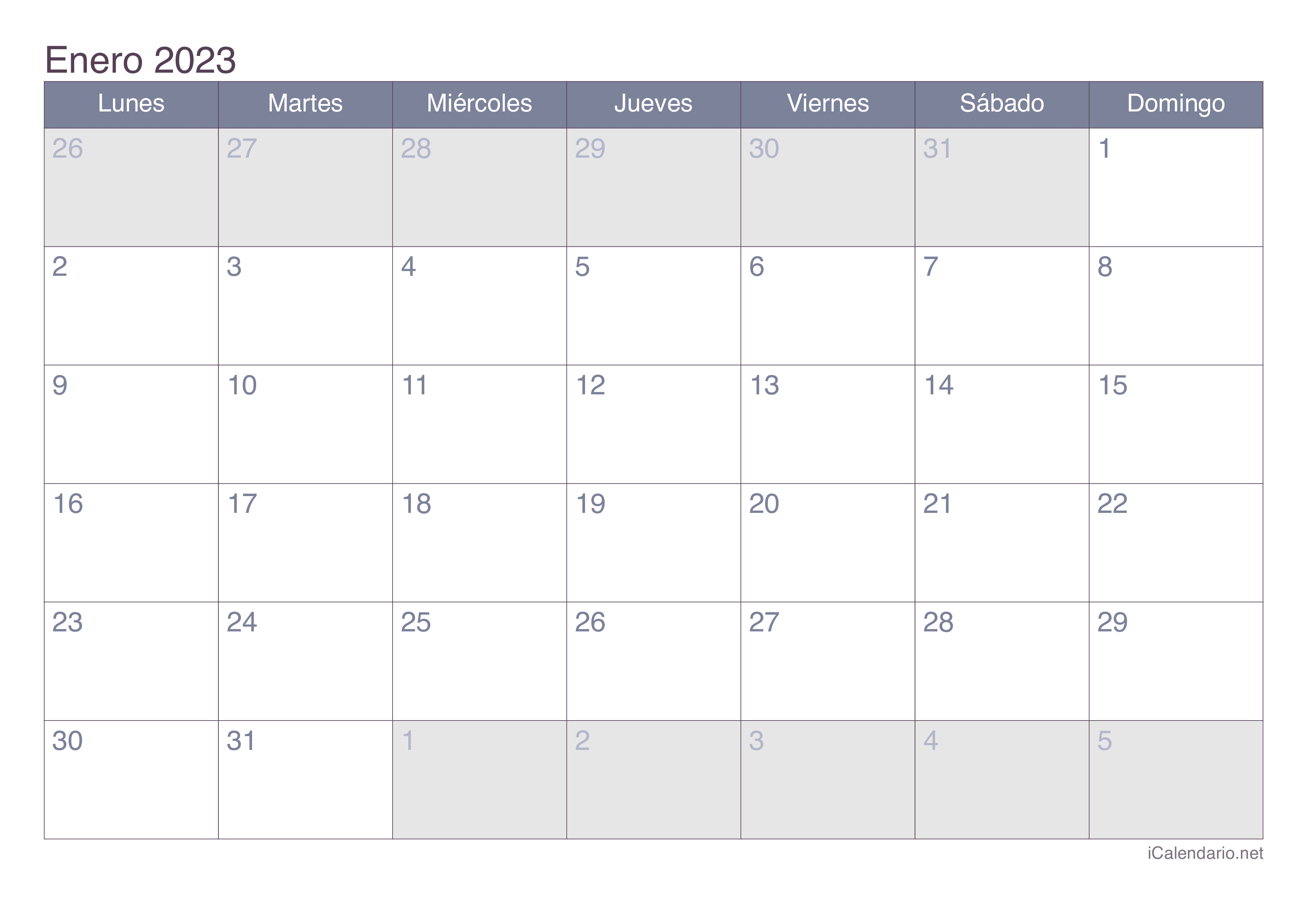 Calendario mes enero 2023 para imprimir