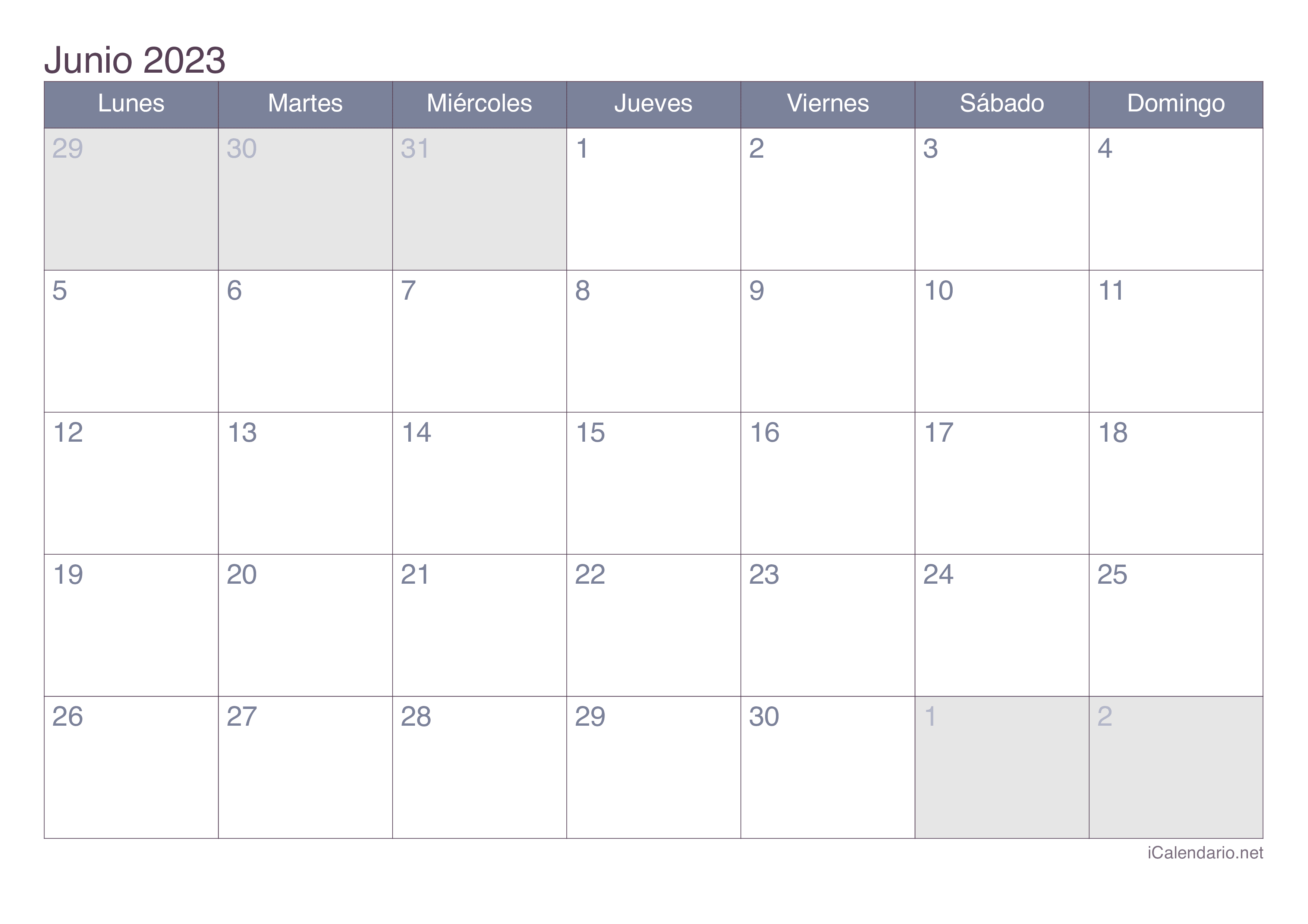 Mes De Juny 2023 Calendario junio de 2023 para imprimir