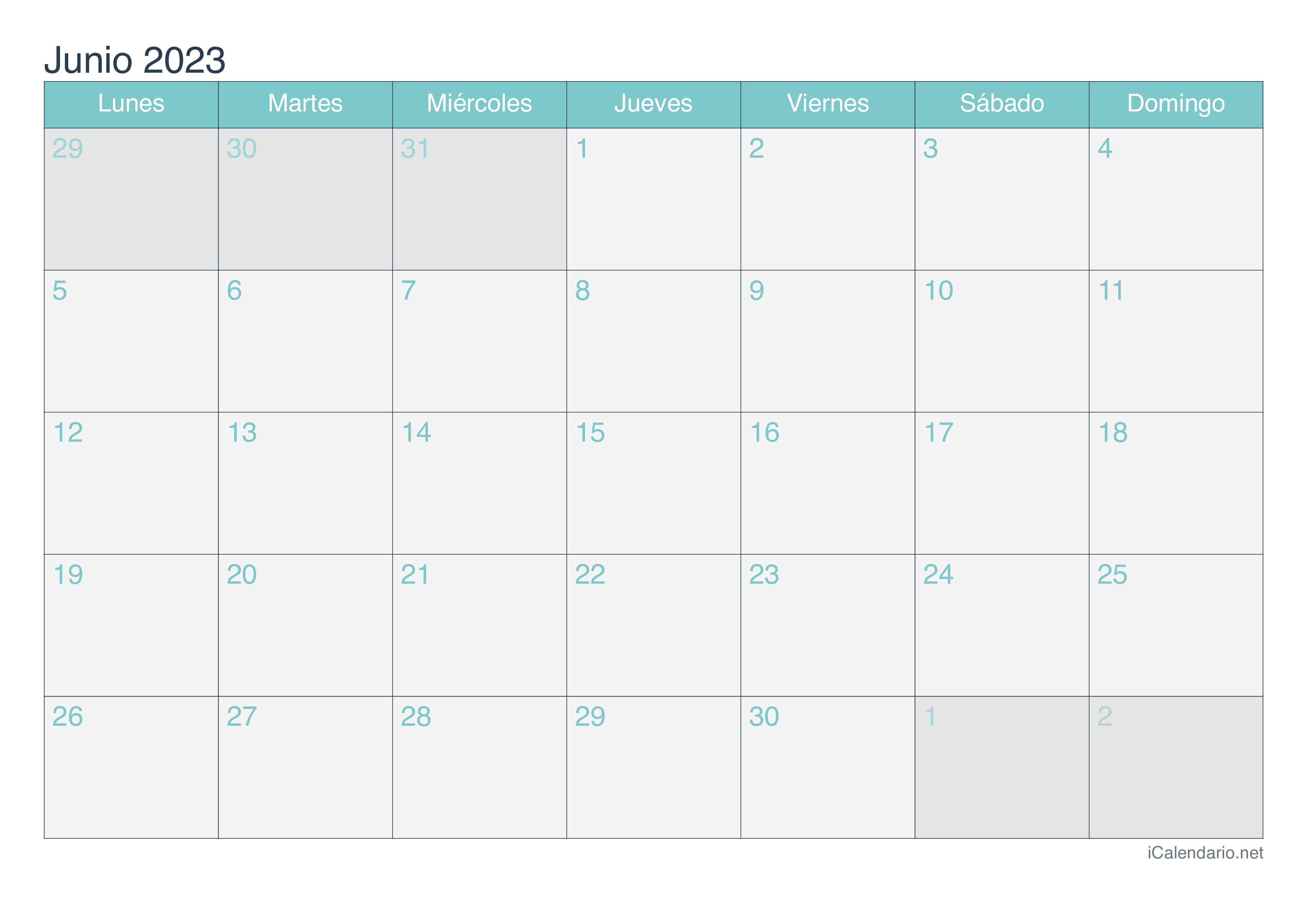 Calendario de junio 2023 - Turquesa
