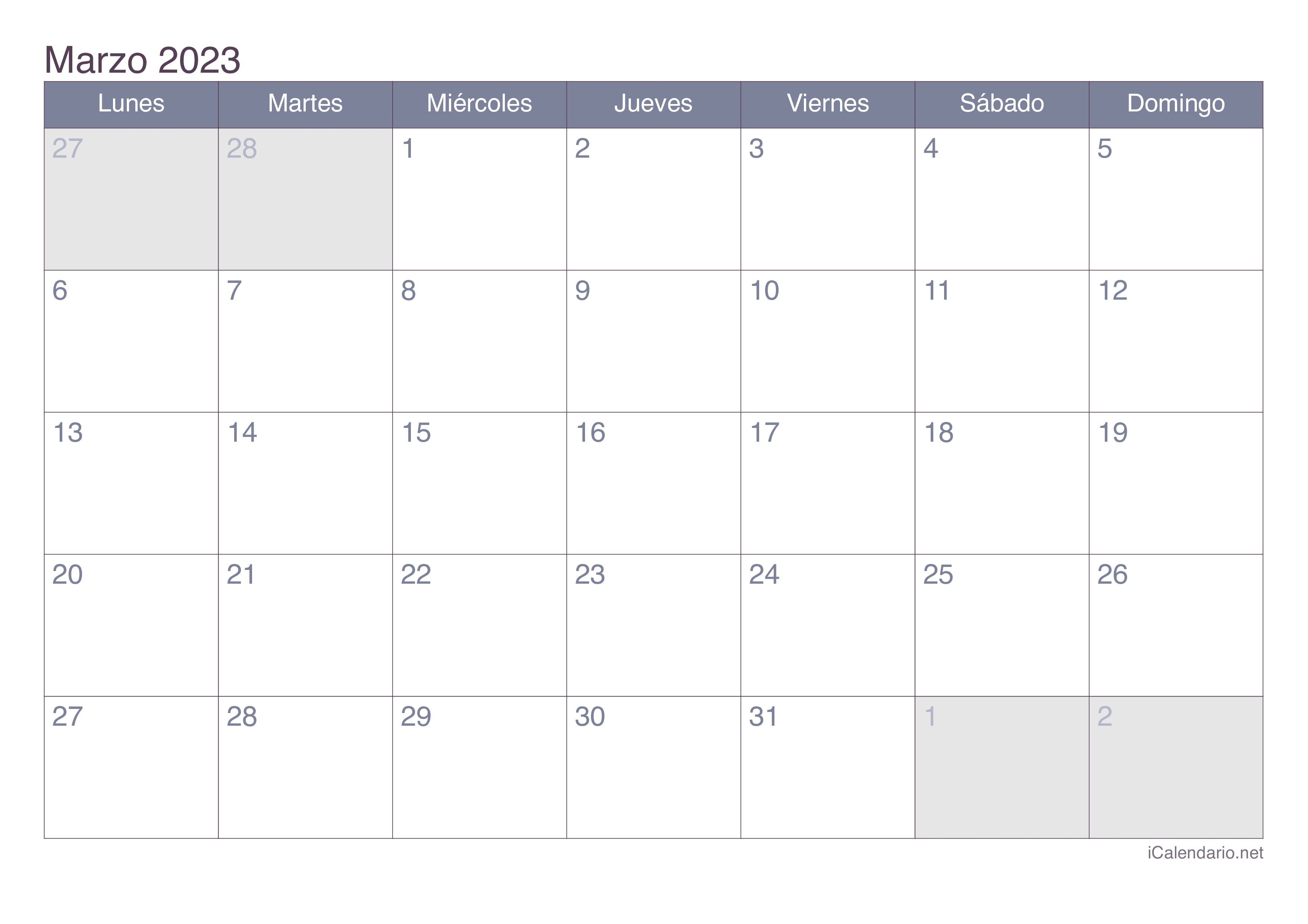 Mes De Marzo Calendario Calendario marzo de 2023 para imprimir