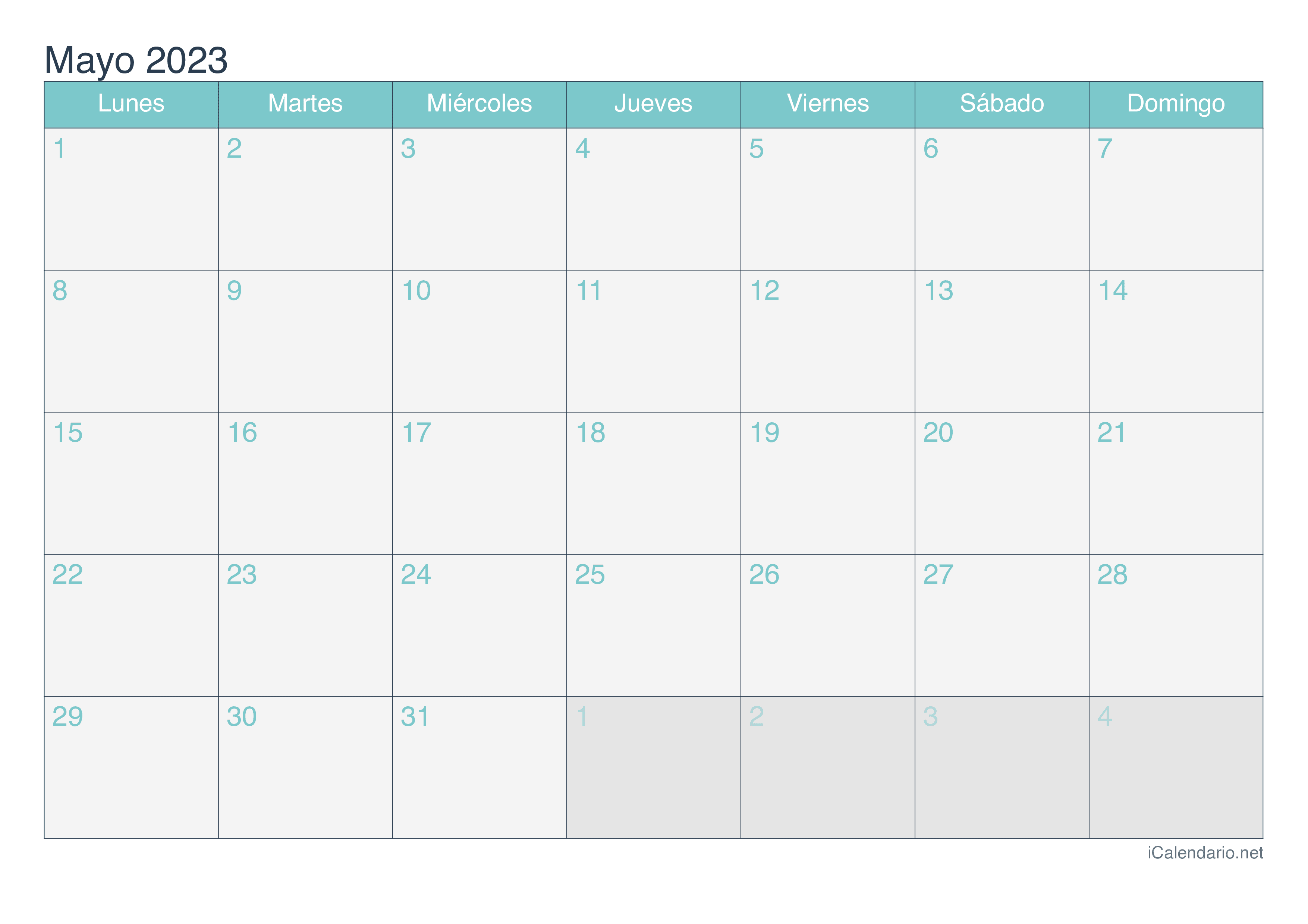 Calendario de mayo 2023 - Turquesa