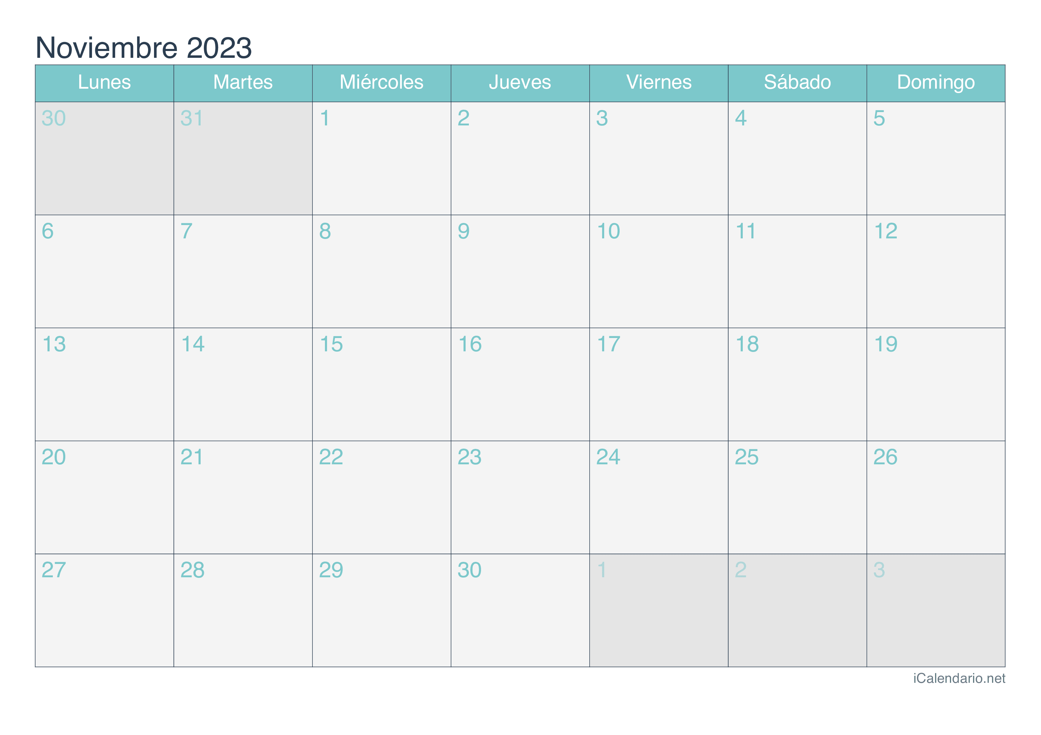 Calendario de noviembre 2023 - Turquesa