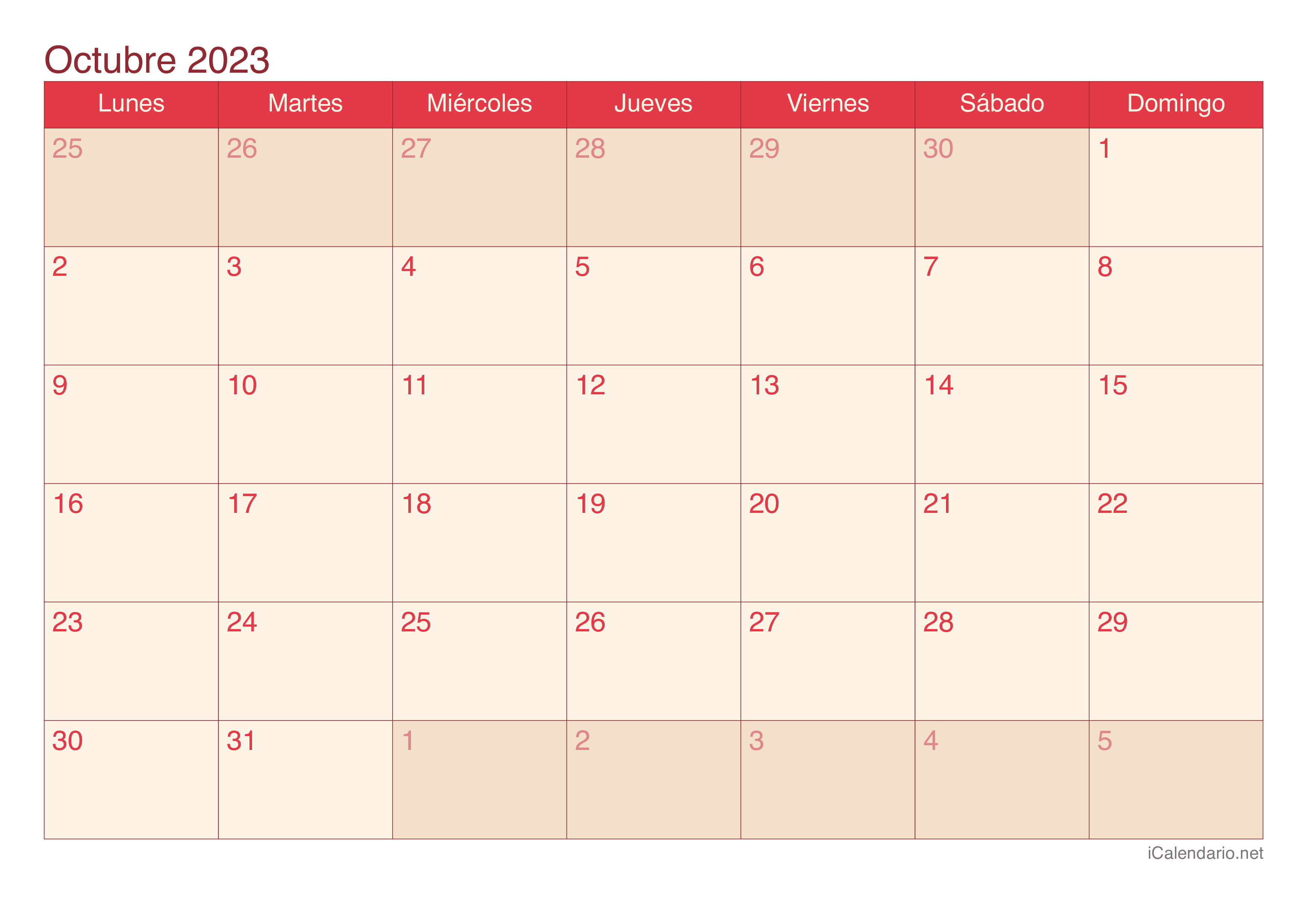 Calendario de octubre 2023 - Cherry