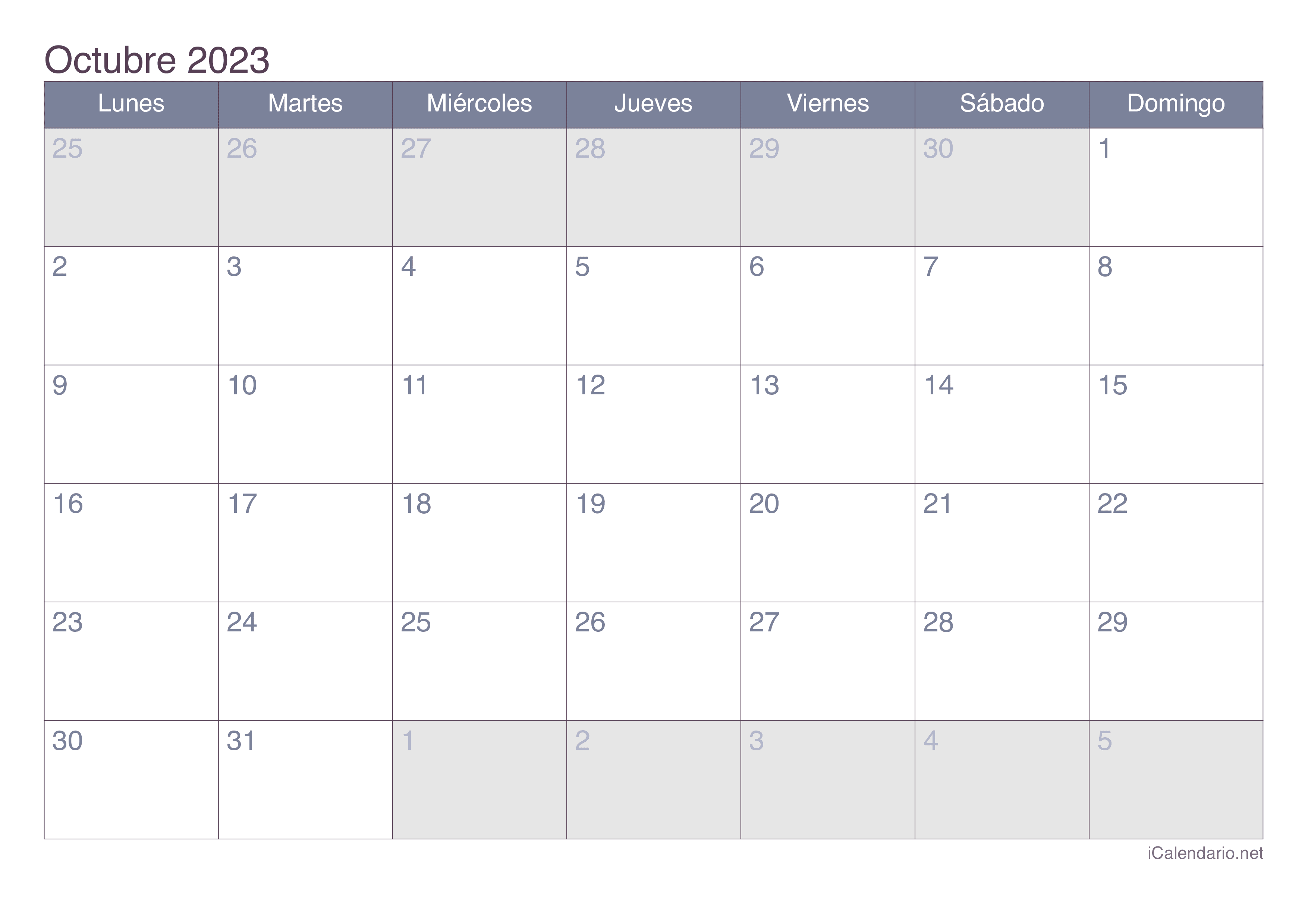 Calendario de octubre 2023 - Office