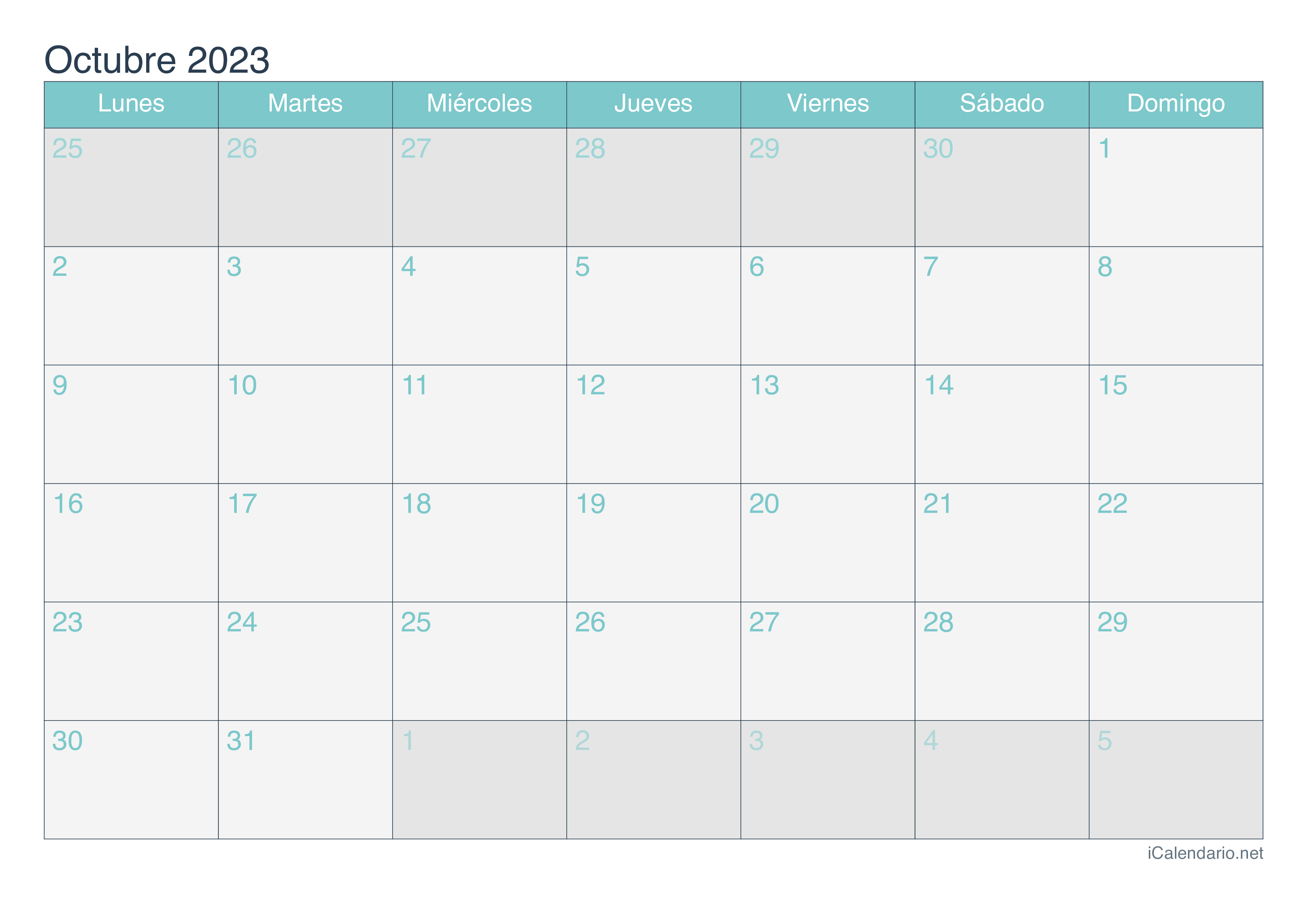 Calendario de octubre 2023 - Turquesa