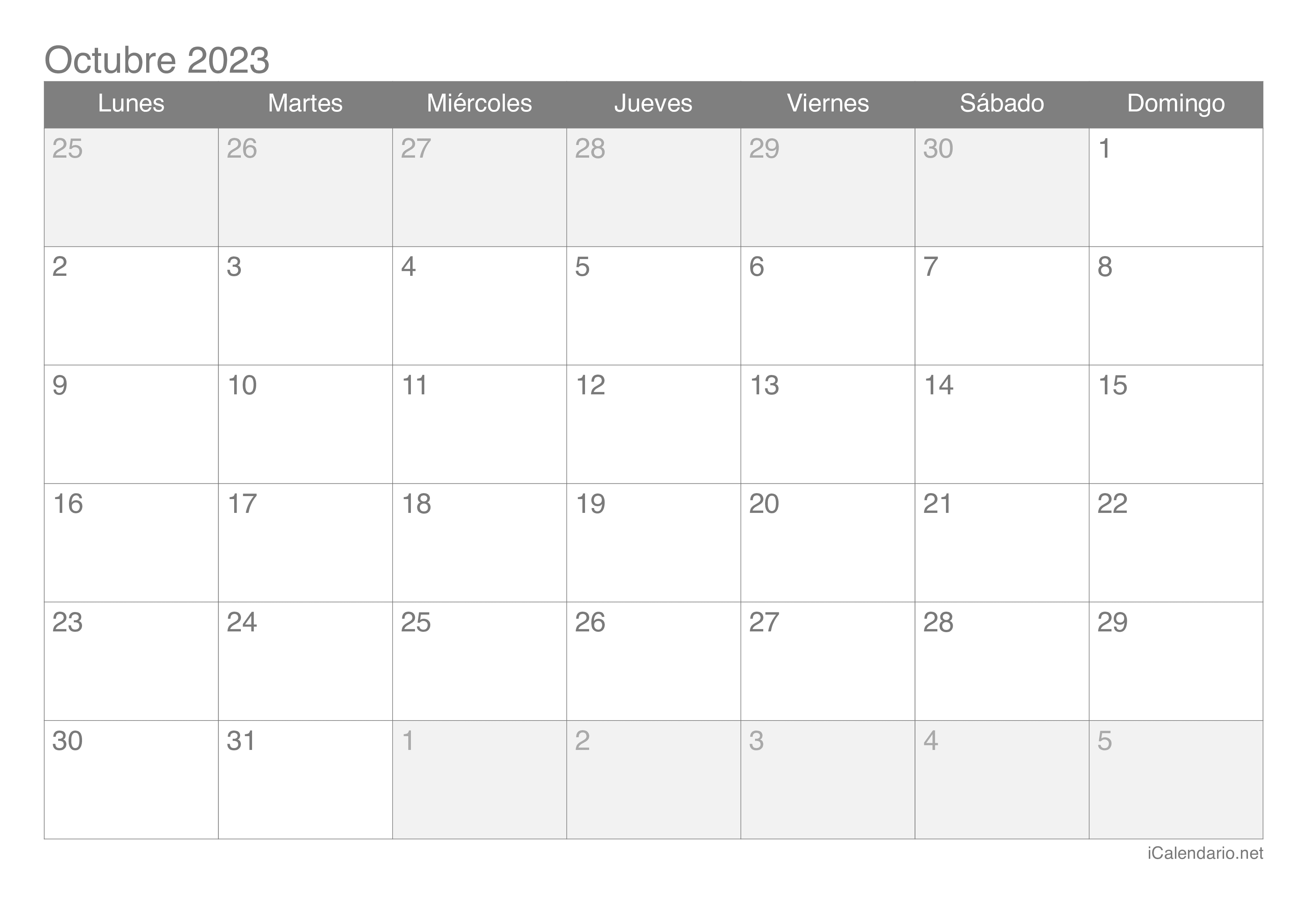 Calendario octubre de 2023 para imprimir