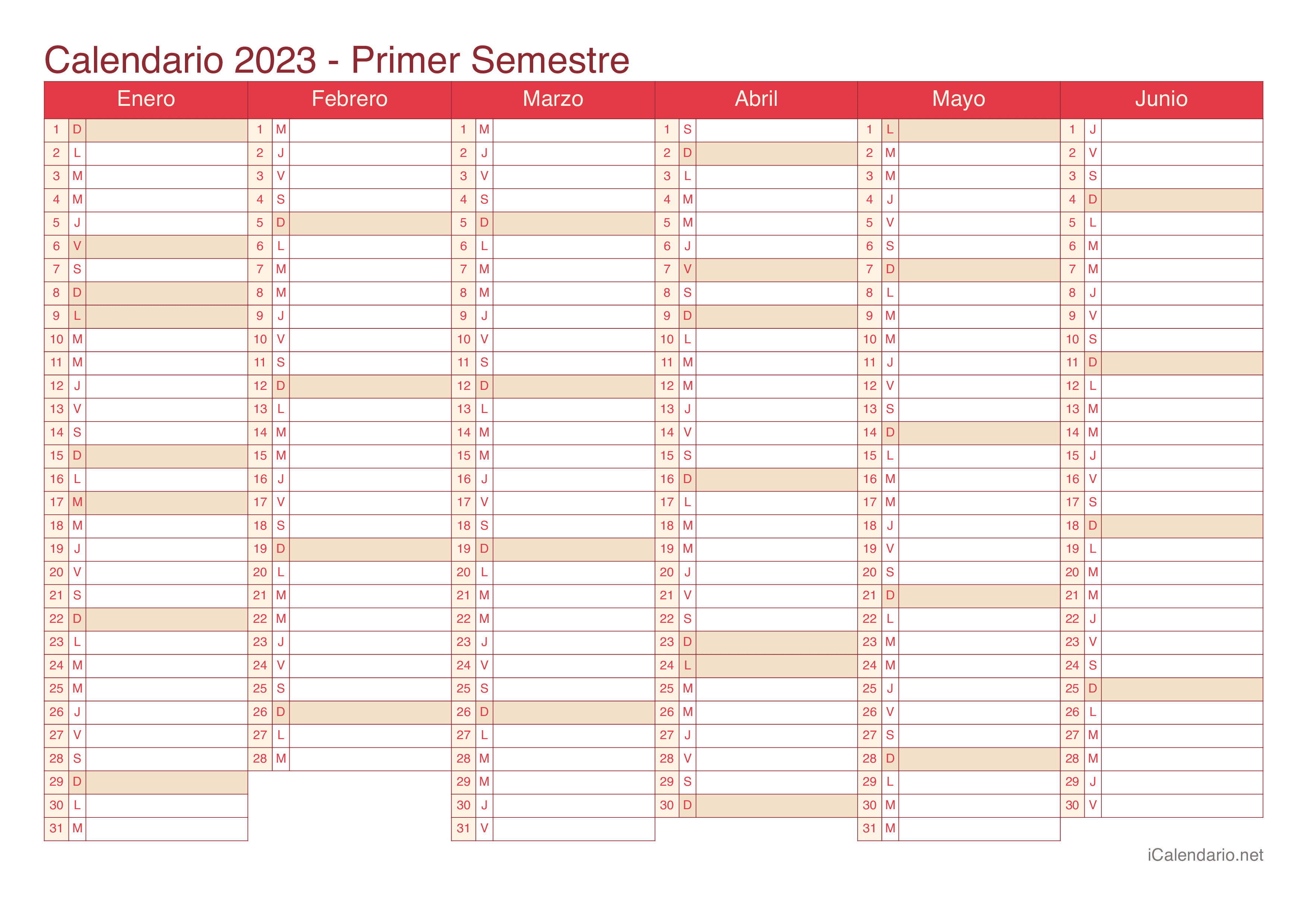 Calendario por semestre 2023 - Cherry