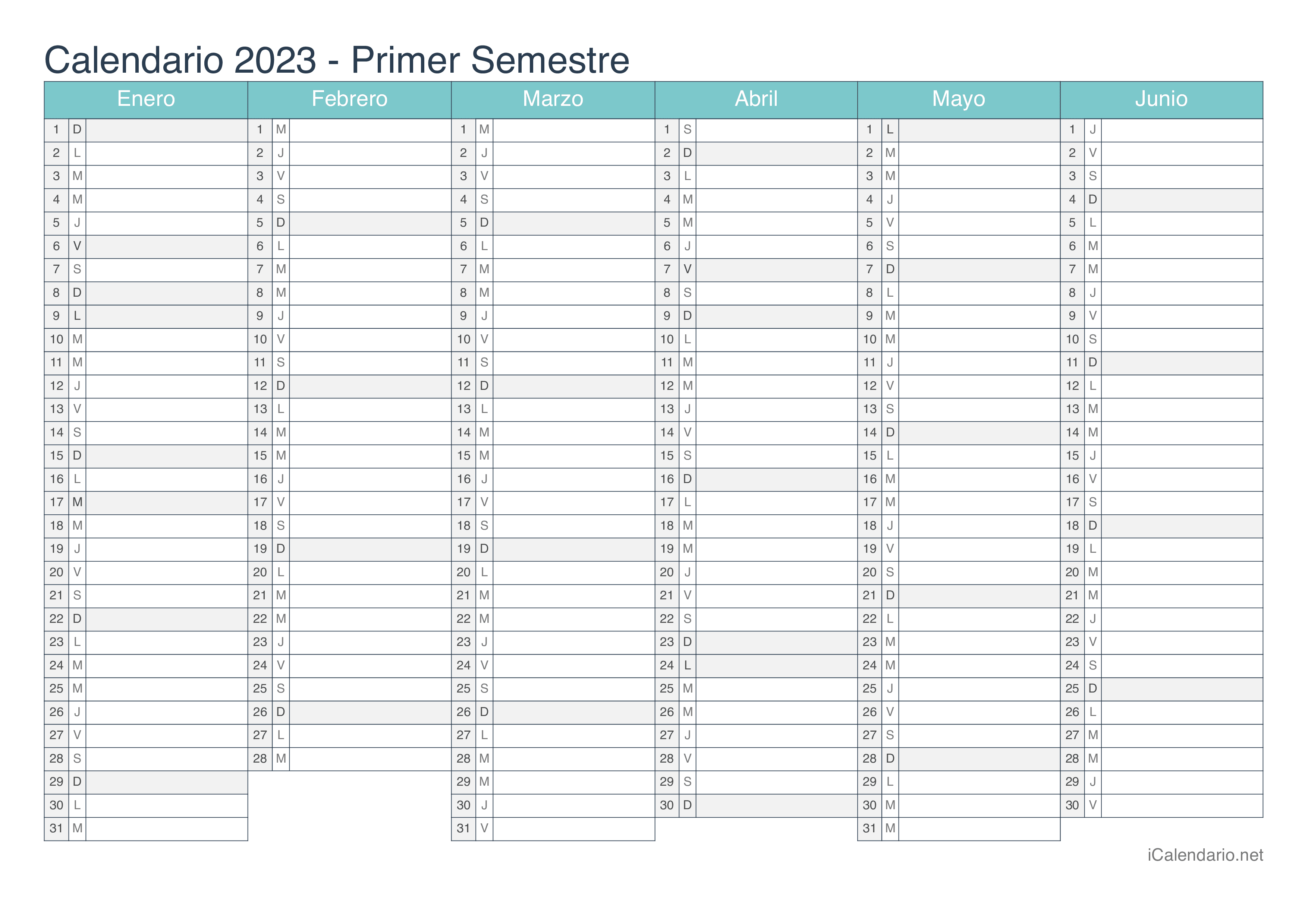 Calendario por semestre 2023 - Turquesa