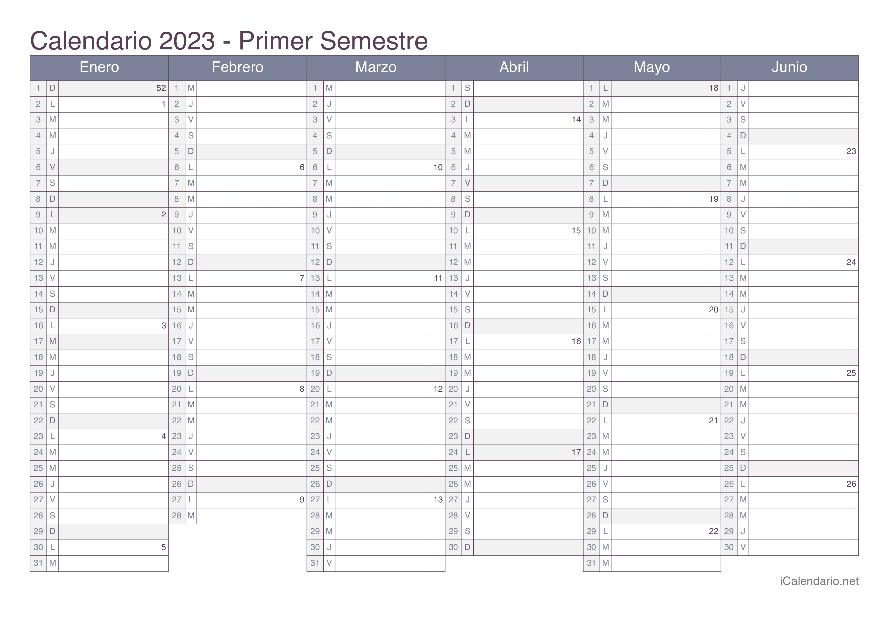 Calendario por semestre com números da semana 2023 - Office