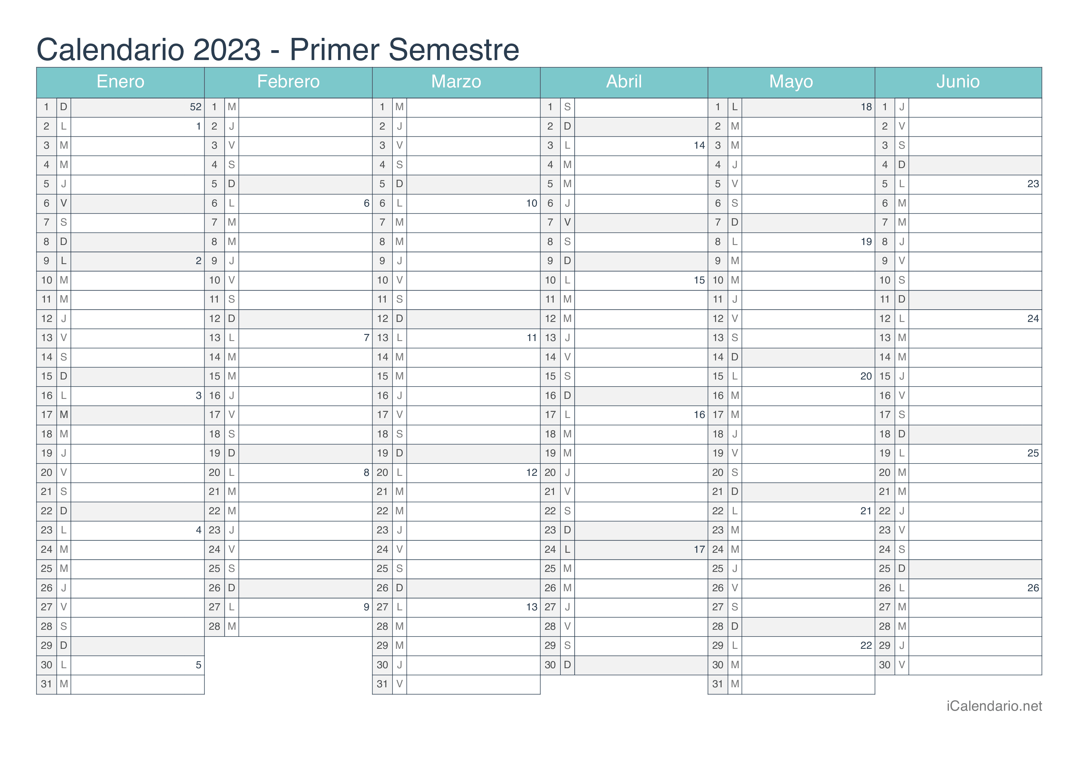 Calendario por semestre com números da semana 2023 - Turquesa