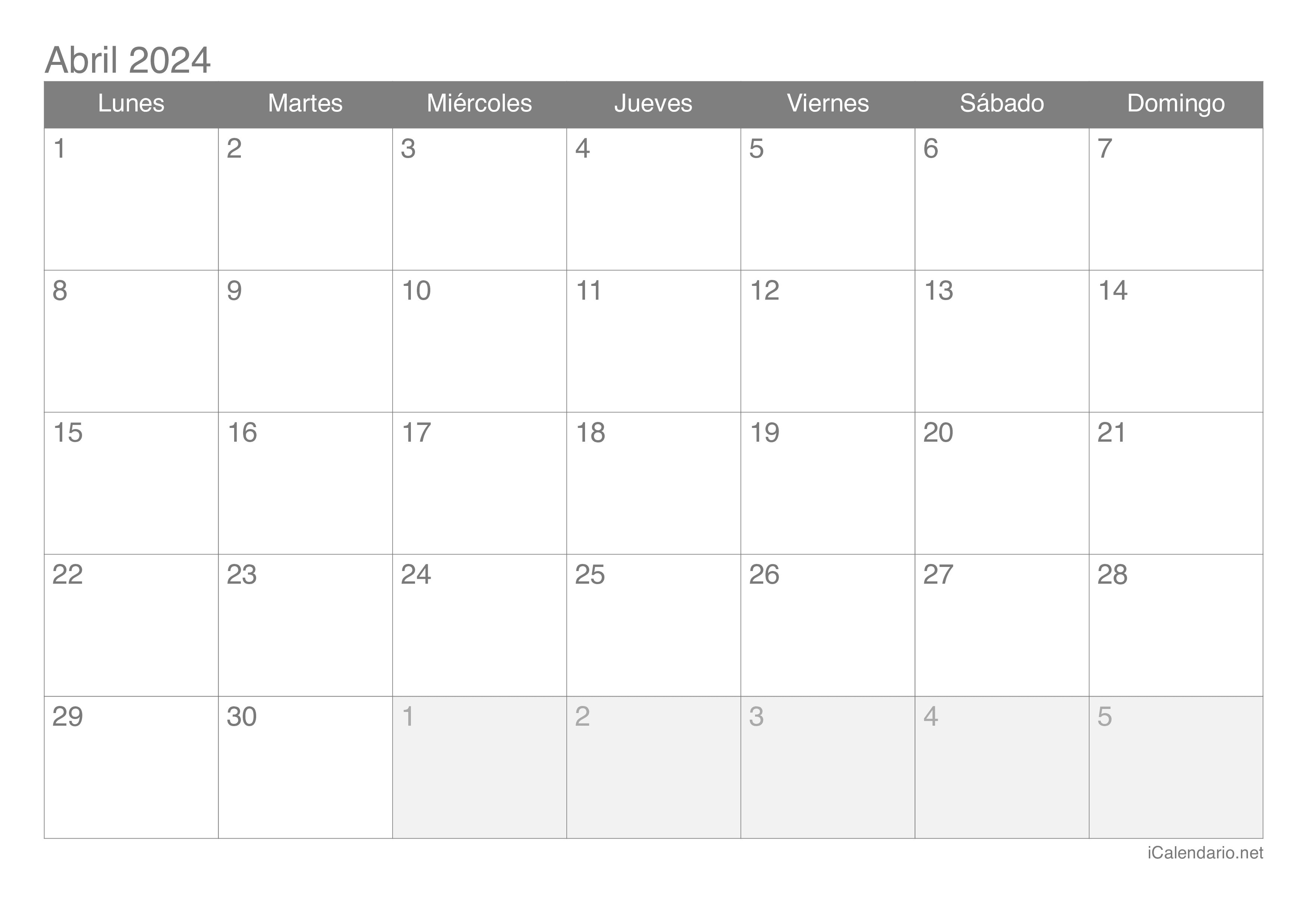 Calendario Abril Calendario abril de 2024 para imprimir