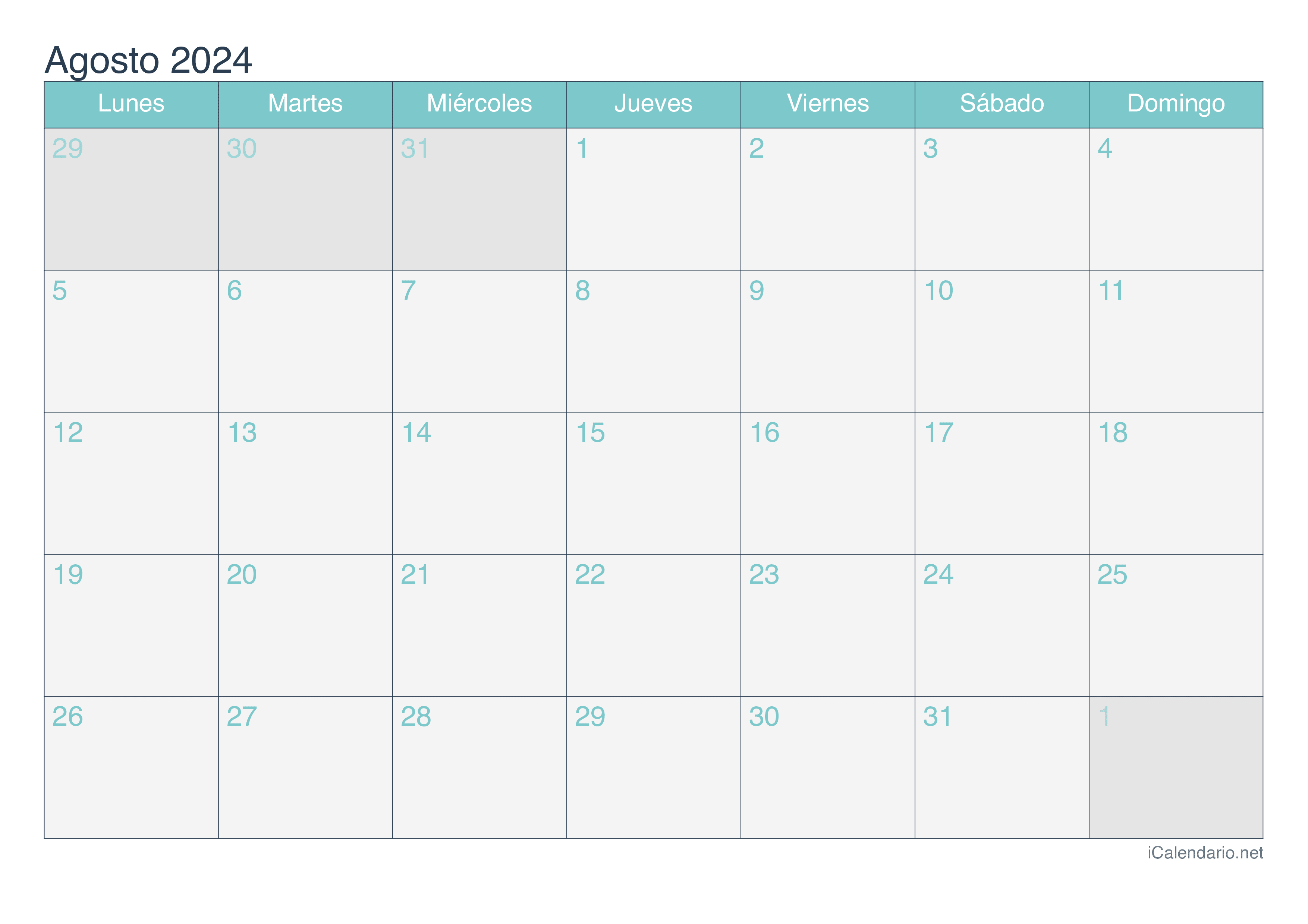 Calendario agosto de 2025 para imprimir
