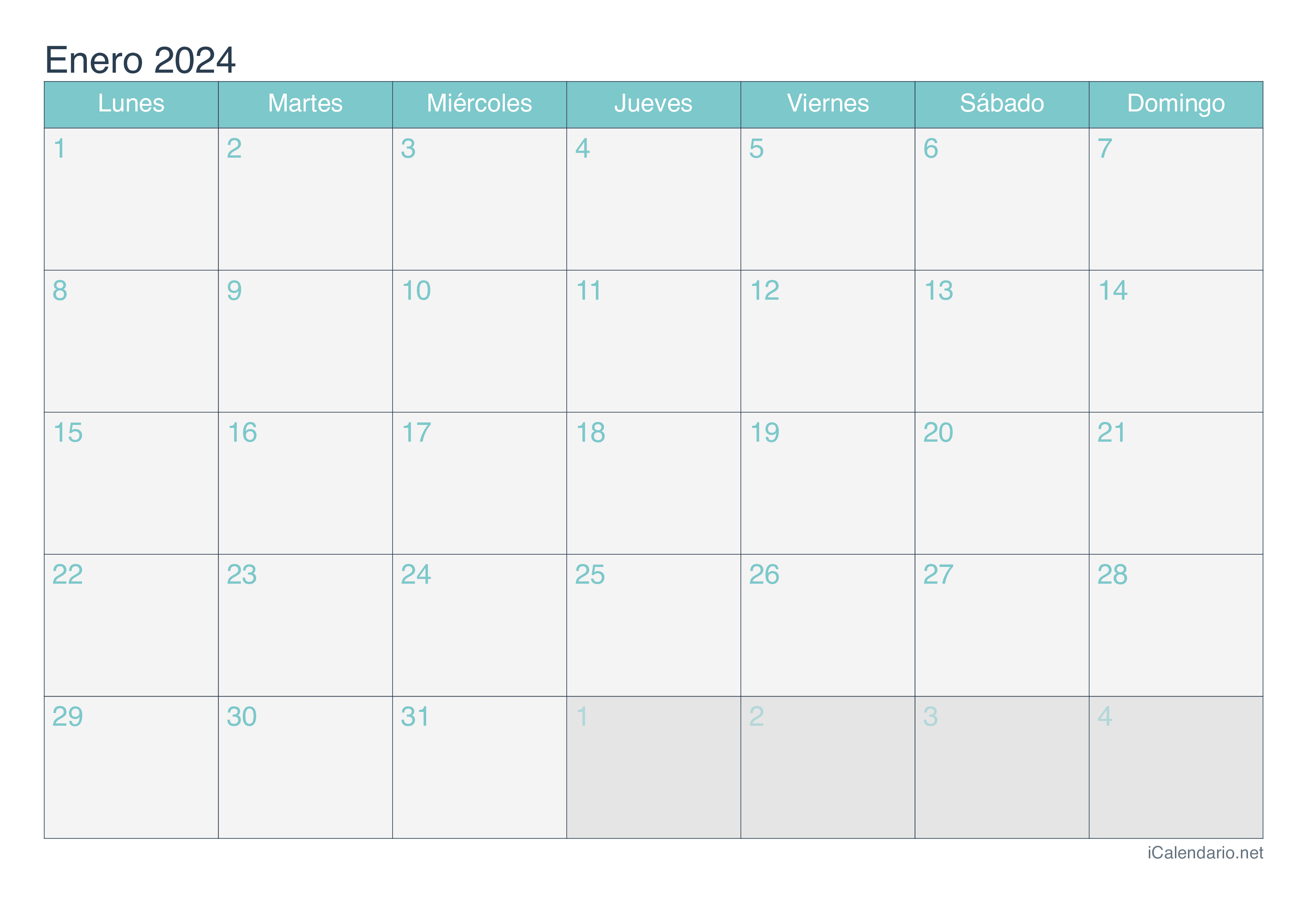 Calendario de enero 2024 - Turquesa