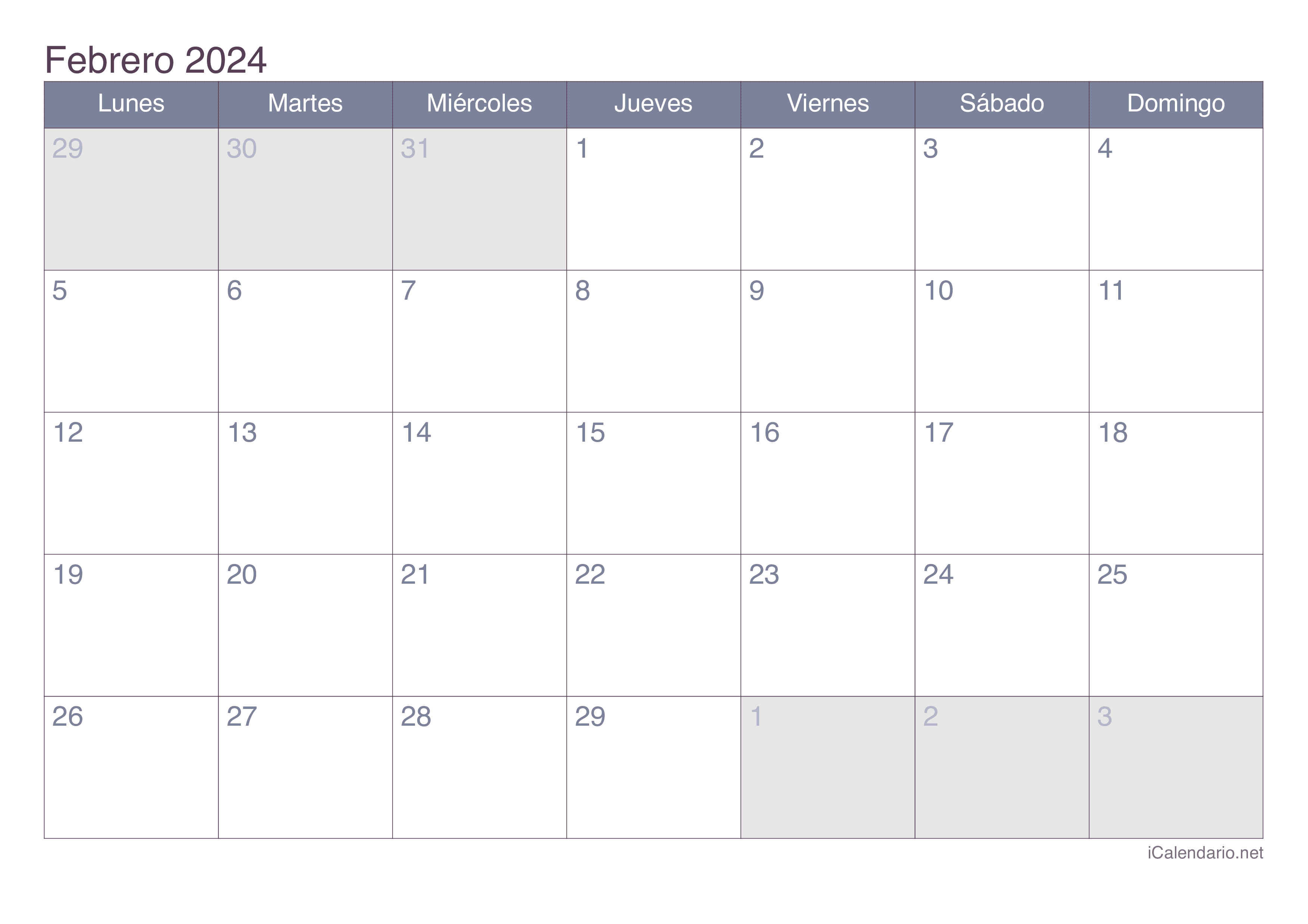 Calendario febrero de 2024 para imprimir