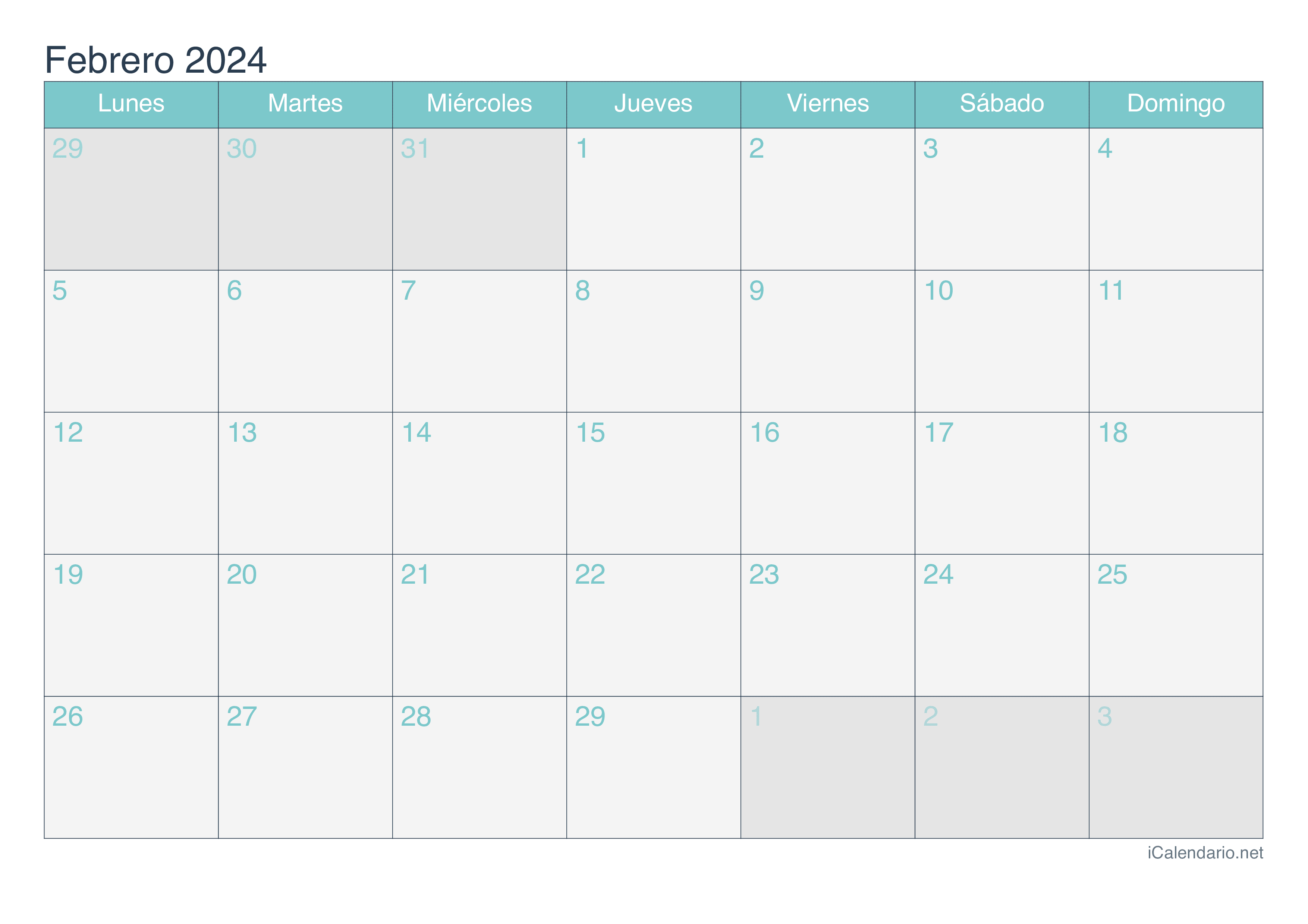 Calendario de febrero 2024 - Turquesa