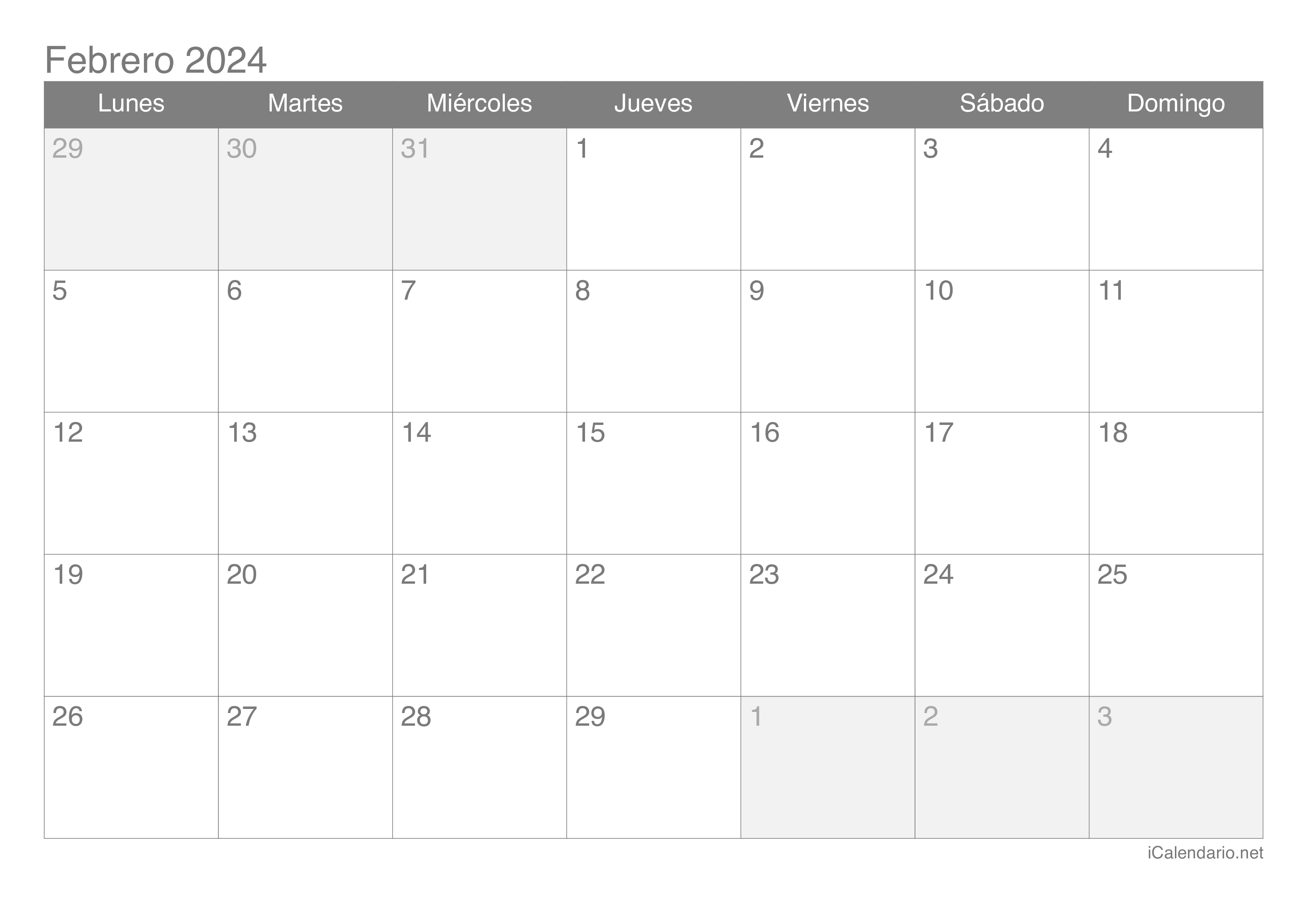 Calendario febrero de 2024 para imprimir