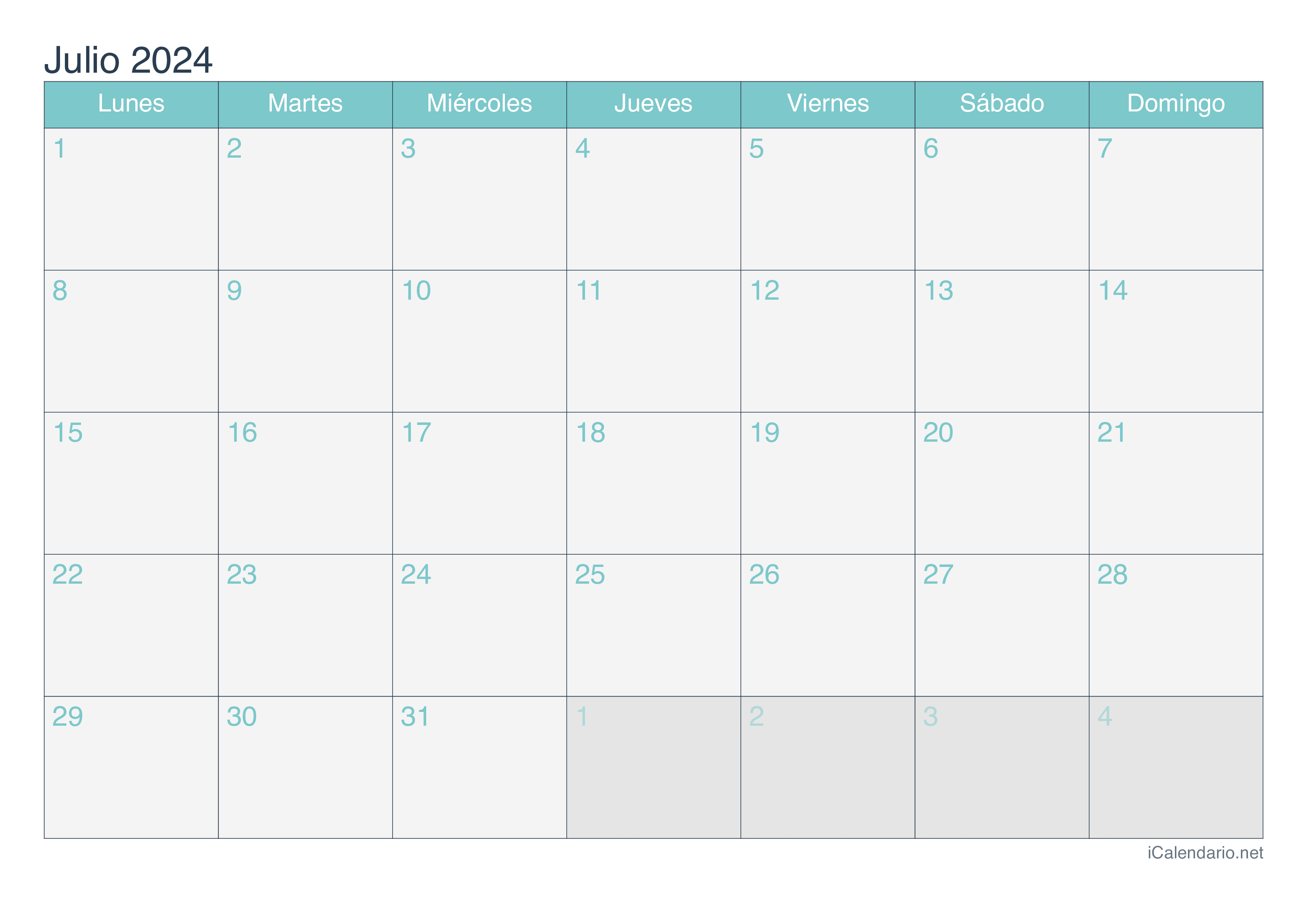 Calendario Julio 2024 Turquesa 2829 15 