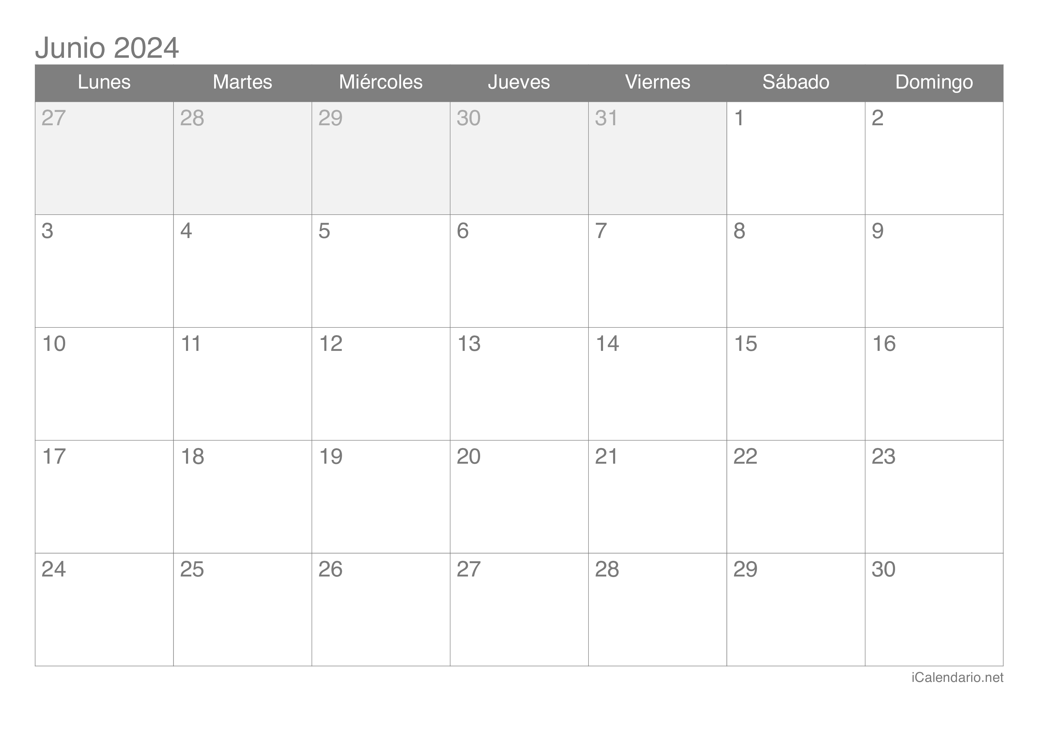 Calendario junio de 2024 para imprimir