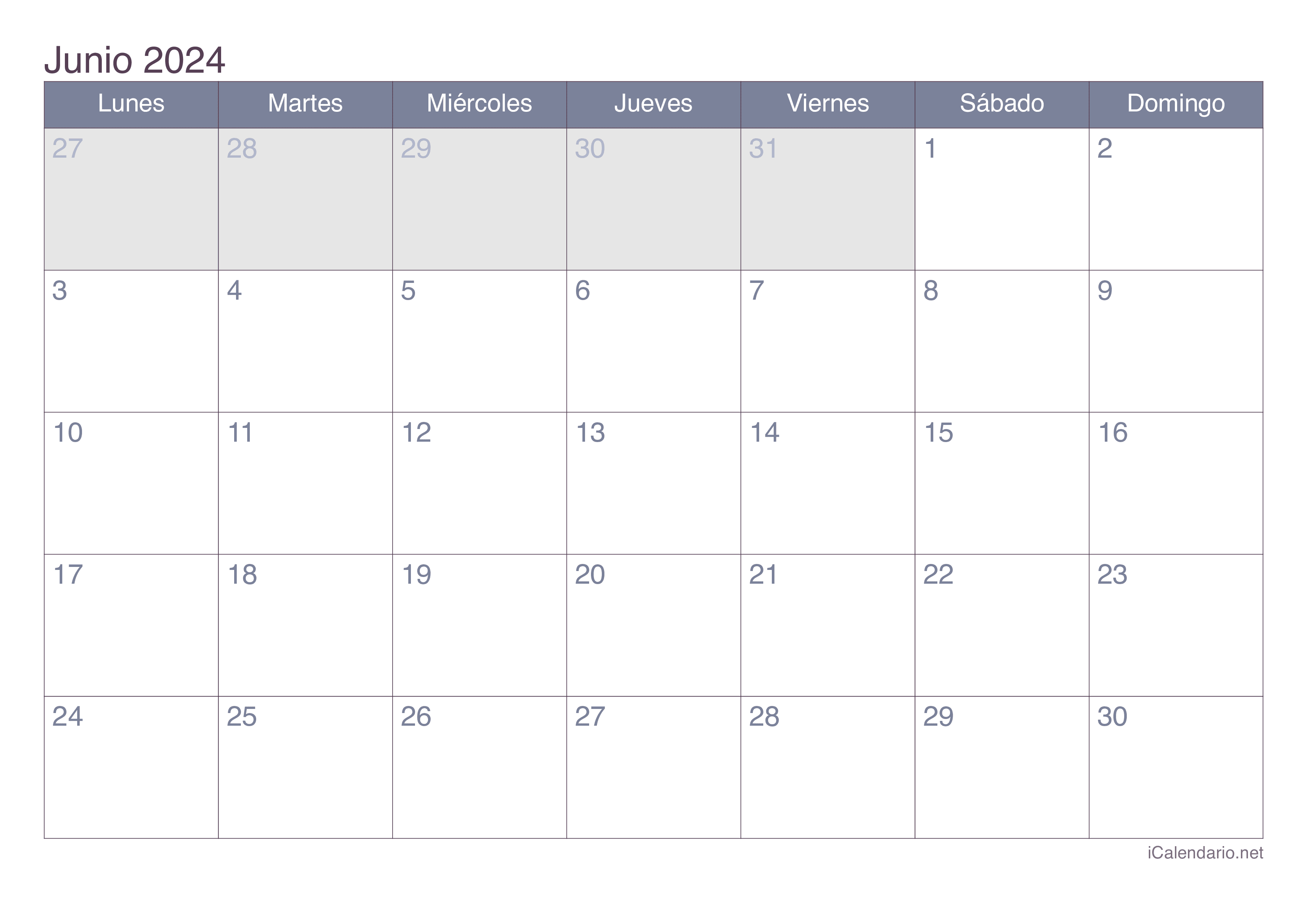 Calendario junio de 2025 para imprimir