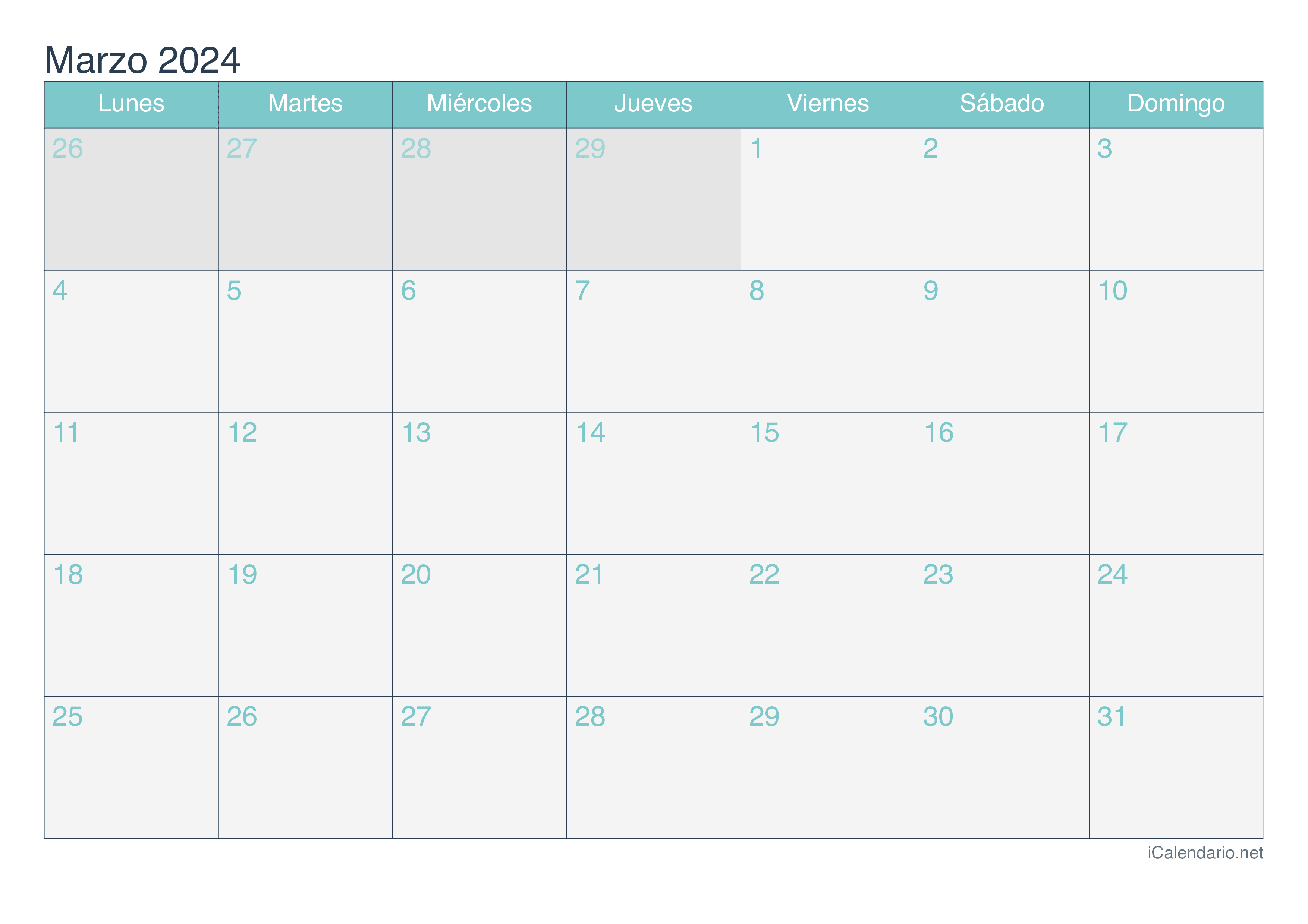 Calendario de marzo 2024 - Turquesa