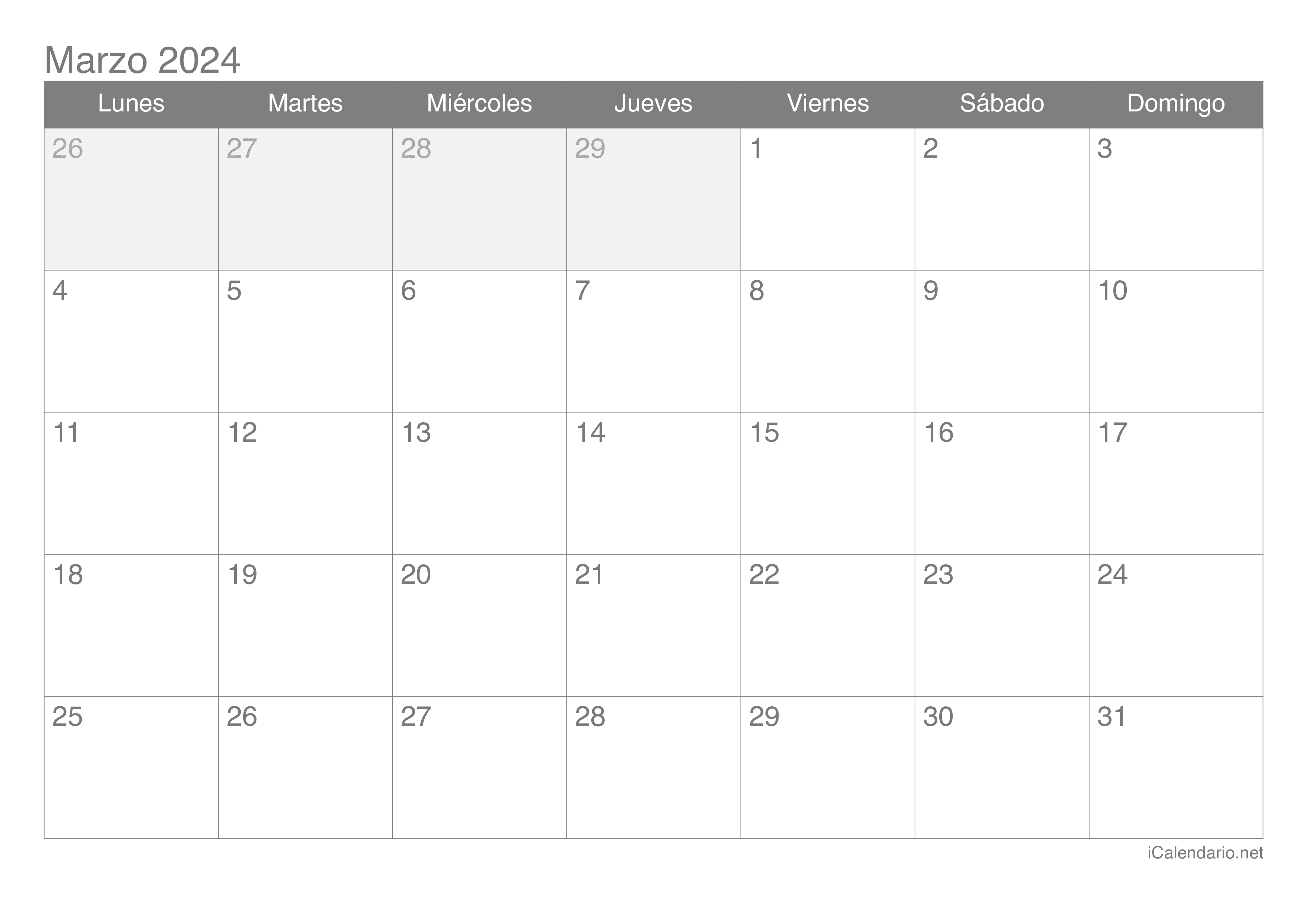 Calendario marzo de 2024 para imprimir