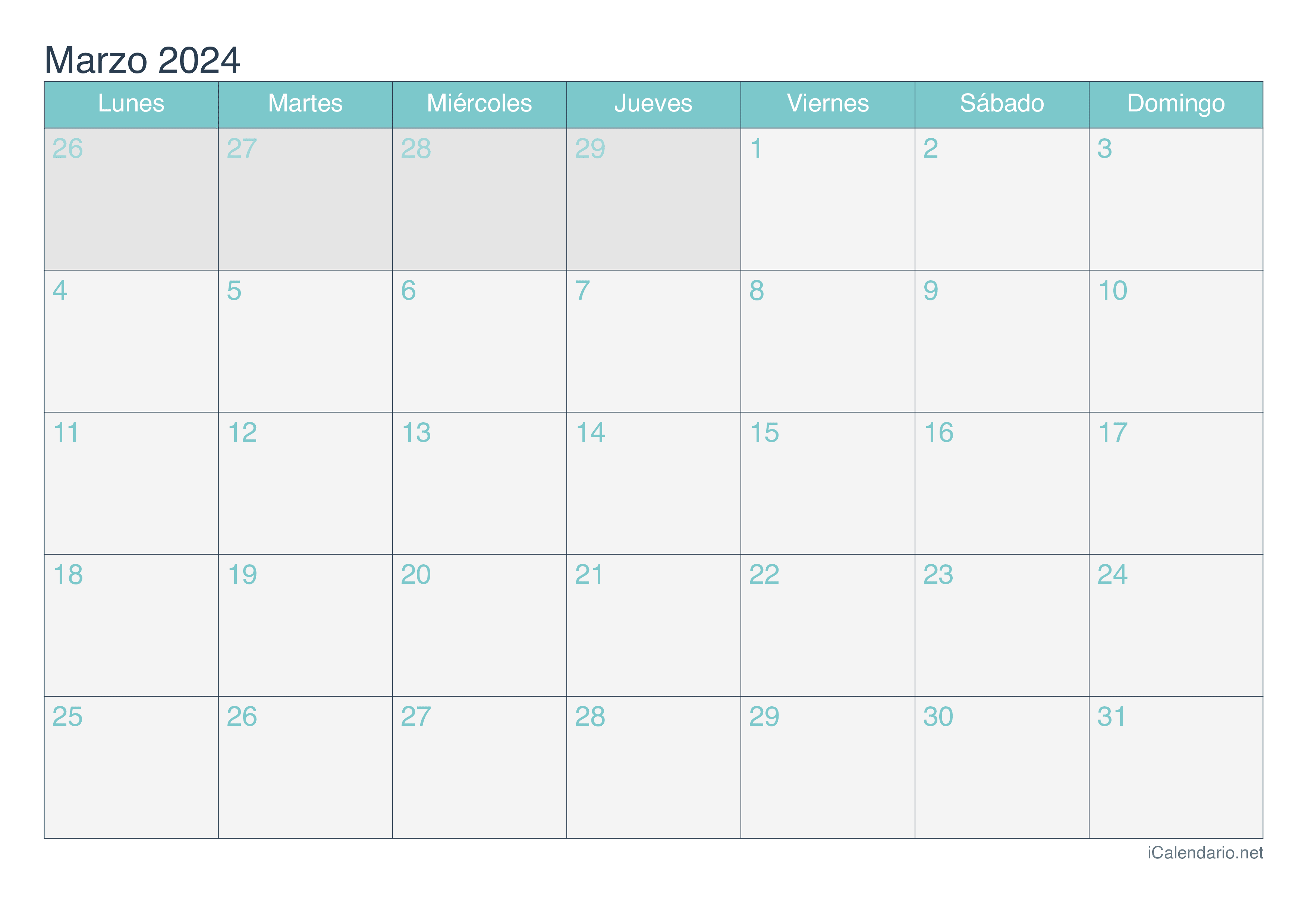 Calendario marzo de 2025 para imprimir