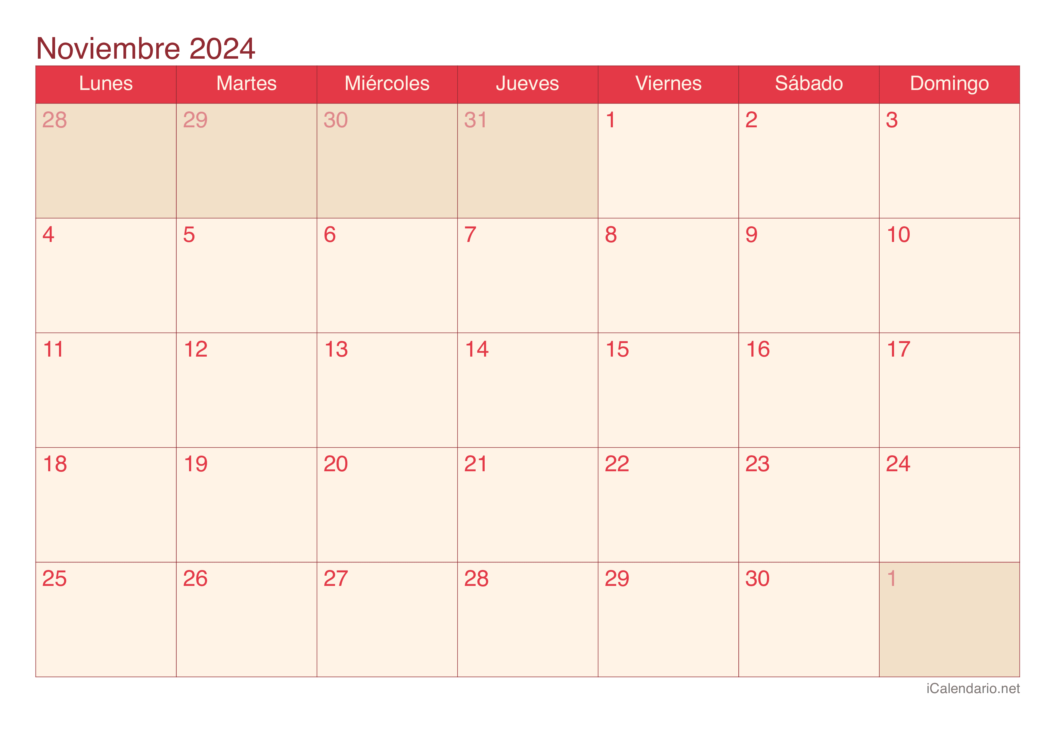 Calendario de noviembre 2024 - Cherry