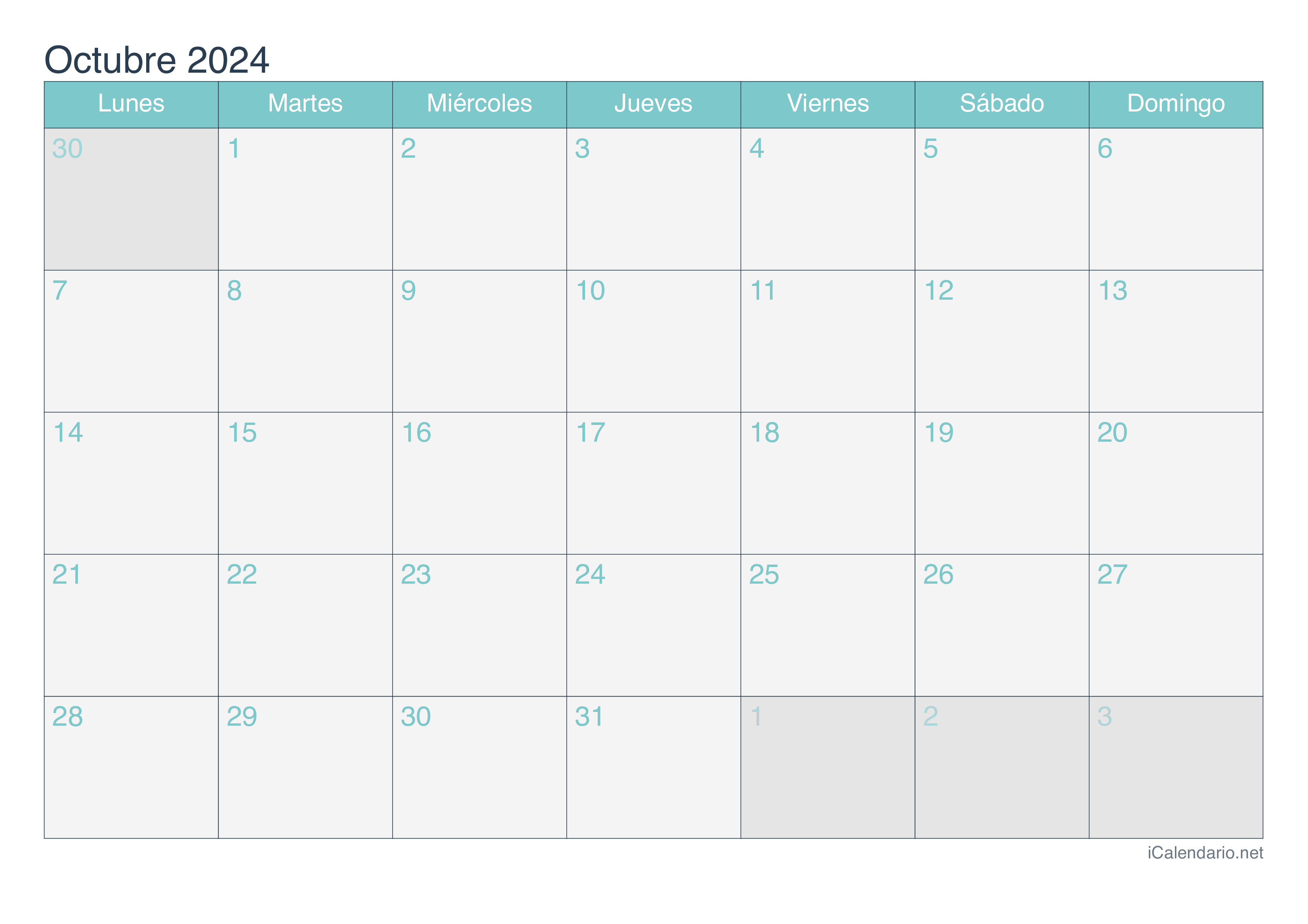 Calendario de octubre 2024 - Turquesa