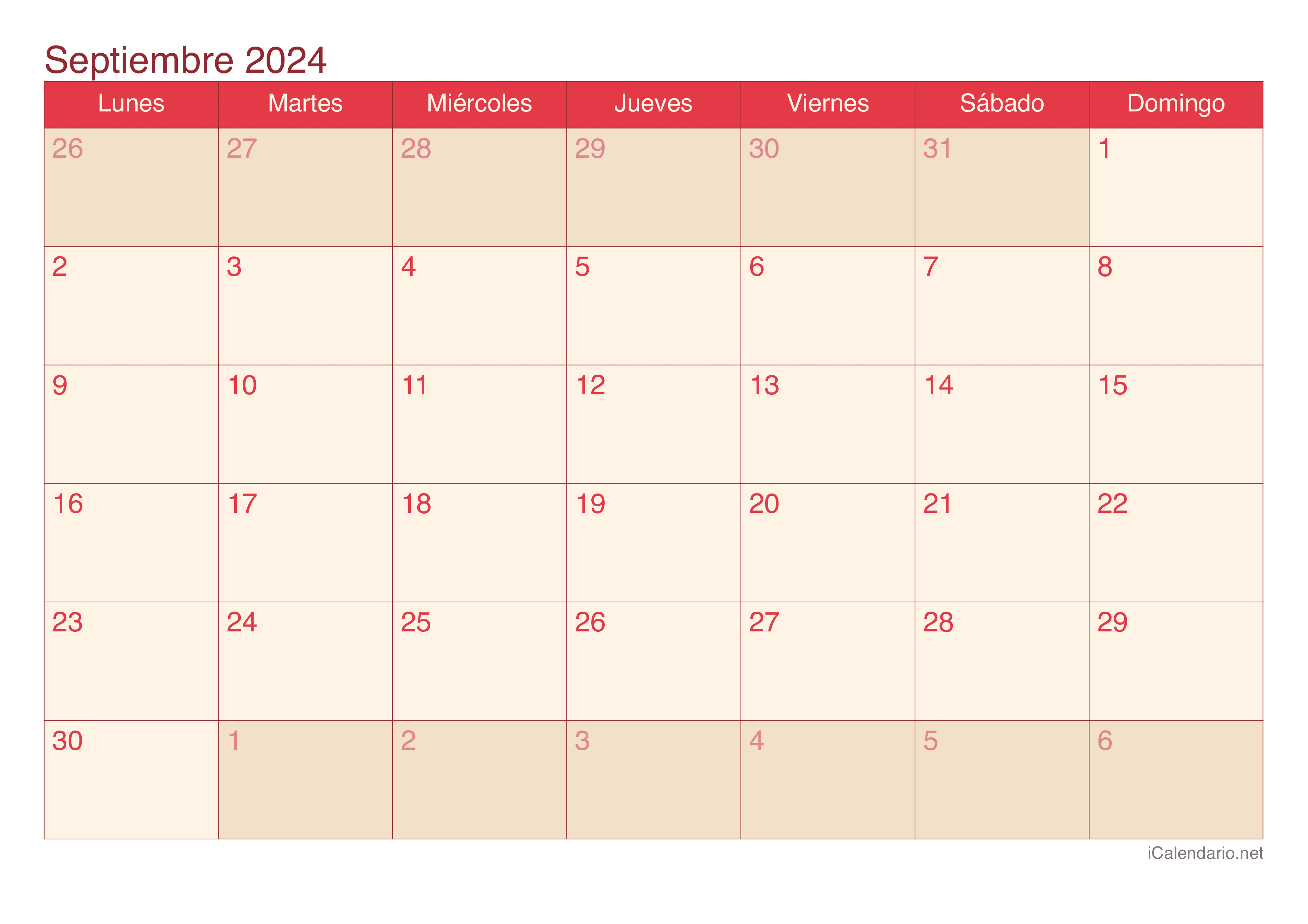 Calendario de septiembre 2024 - Cherry