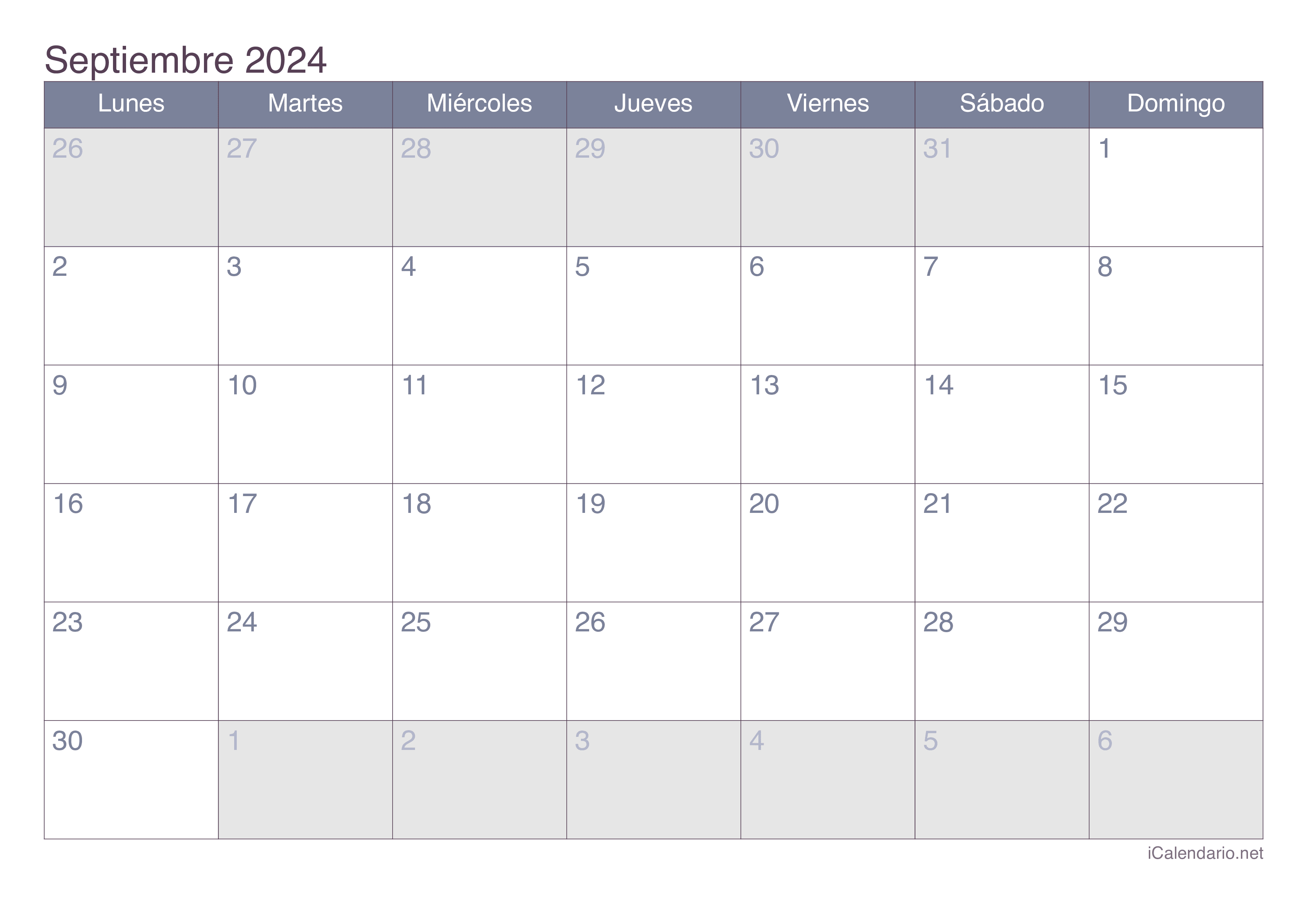 Calendario septiembre de 2025 para imprimir