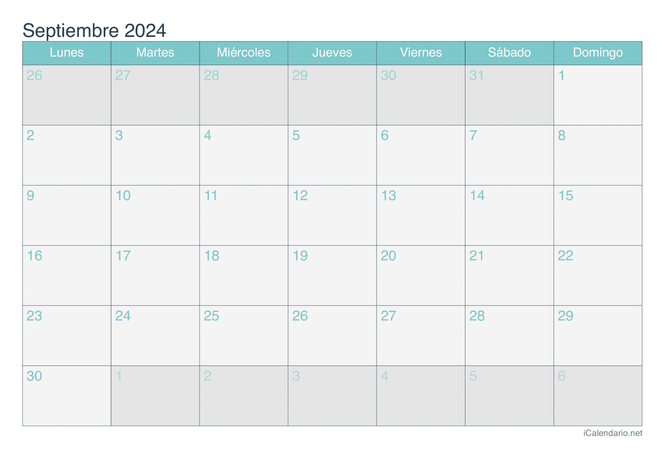 Calendario de septiembre 2024 - Turquesa
