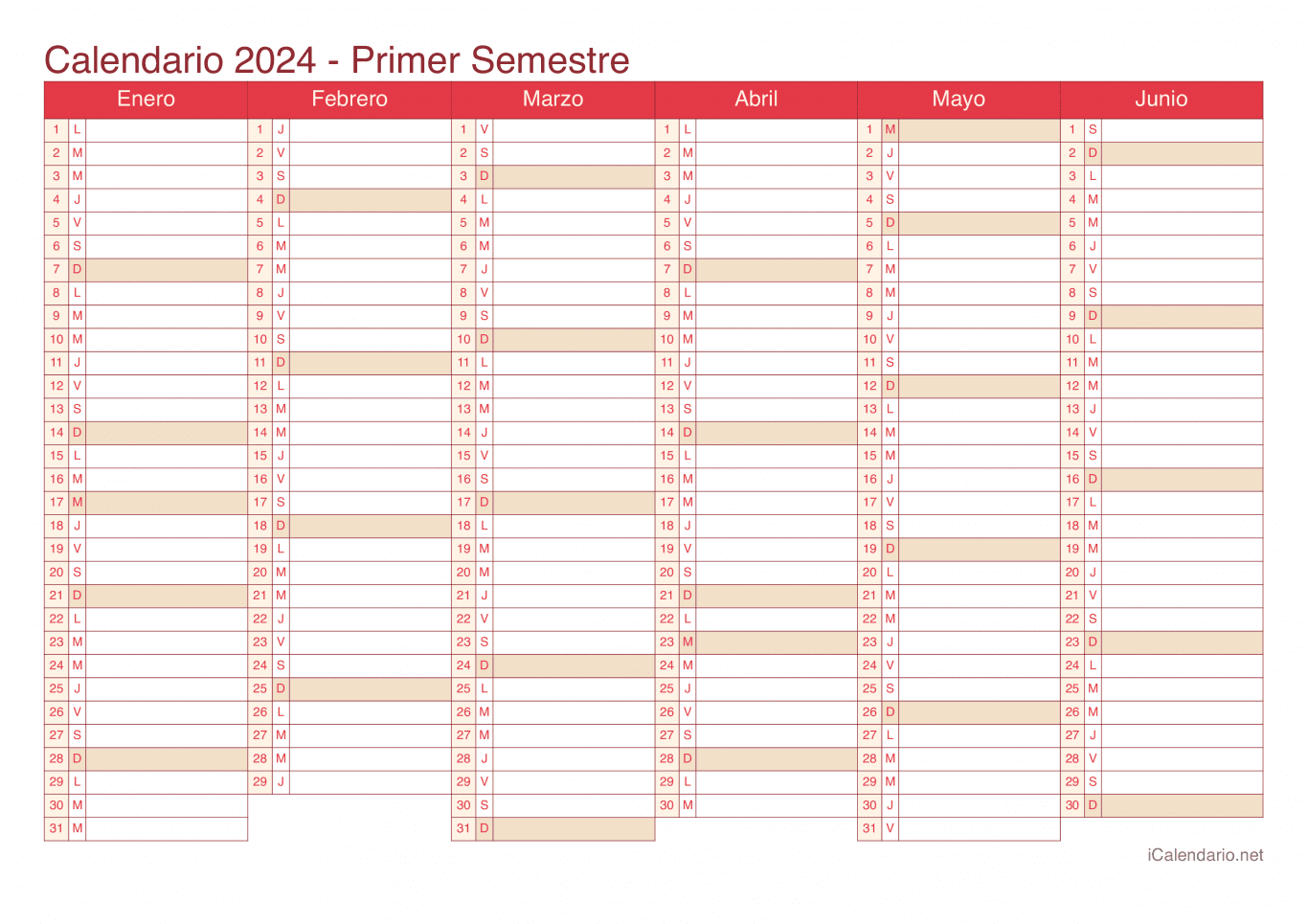 Calendario por semestre 2024 - Cherry