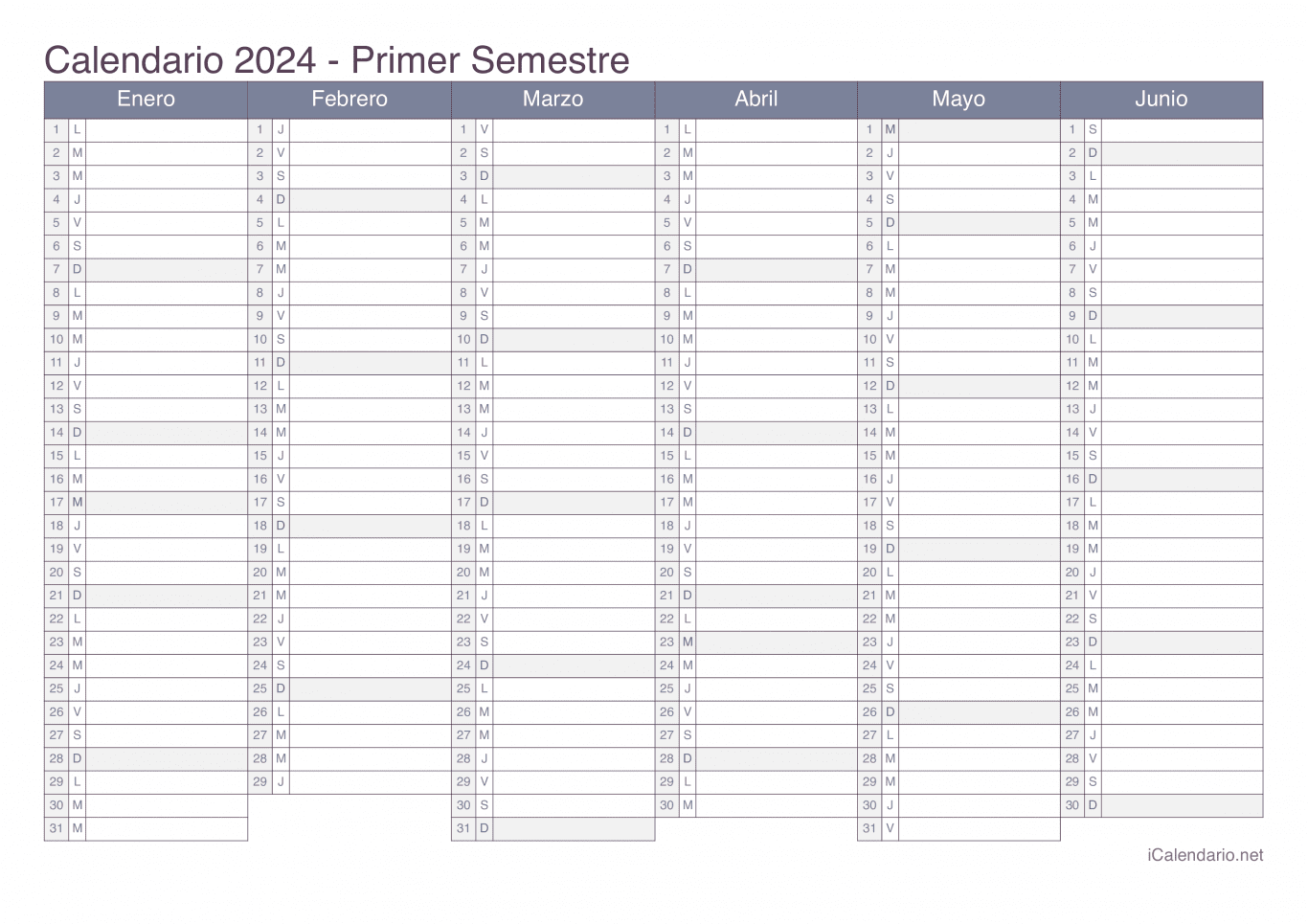 Calendario por semestre 2024 - Office