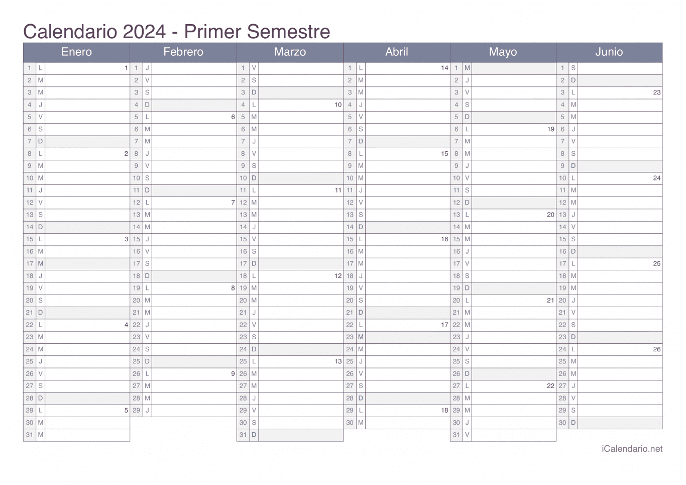 Calendario por semestre com números da semana 2024 - Office