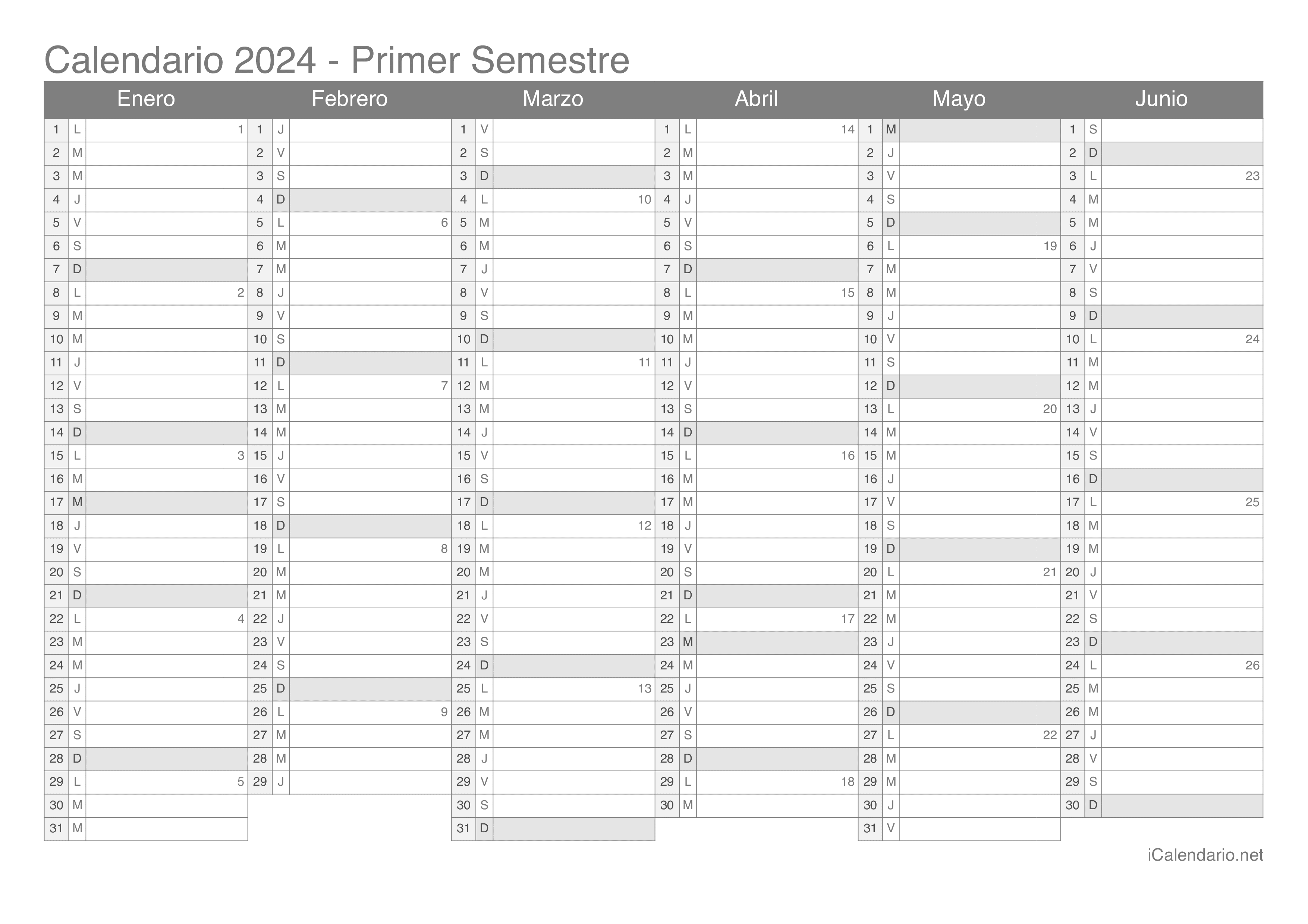 Calendario por semestre com números da semana 2024