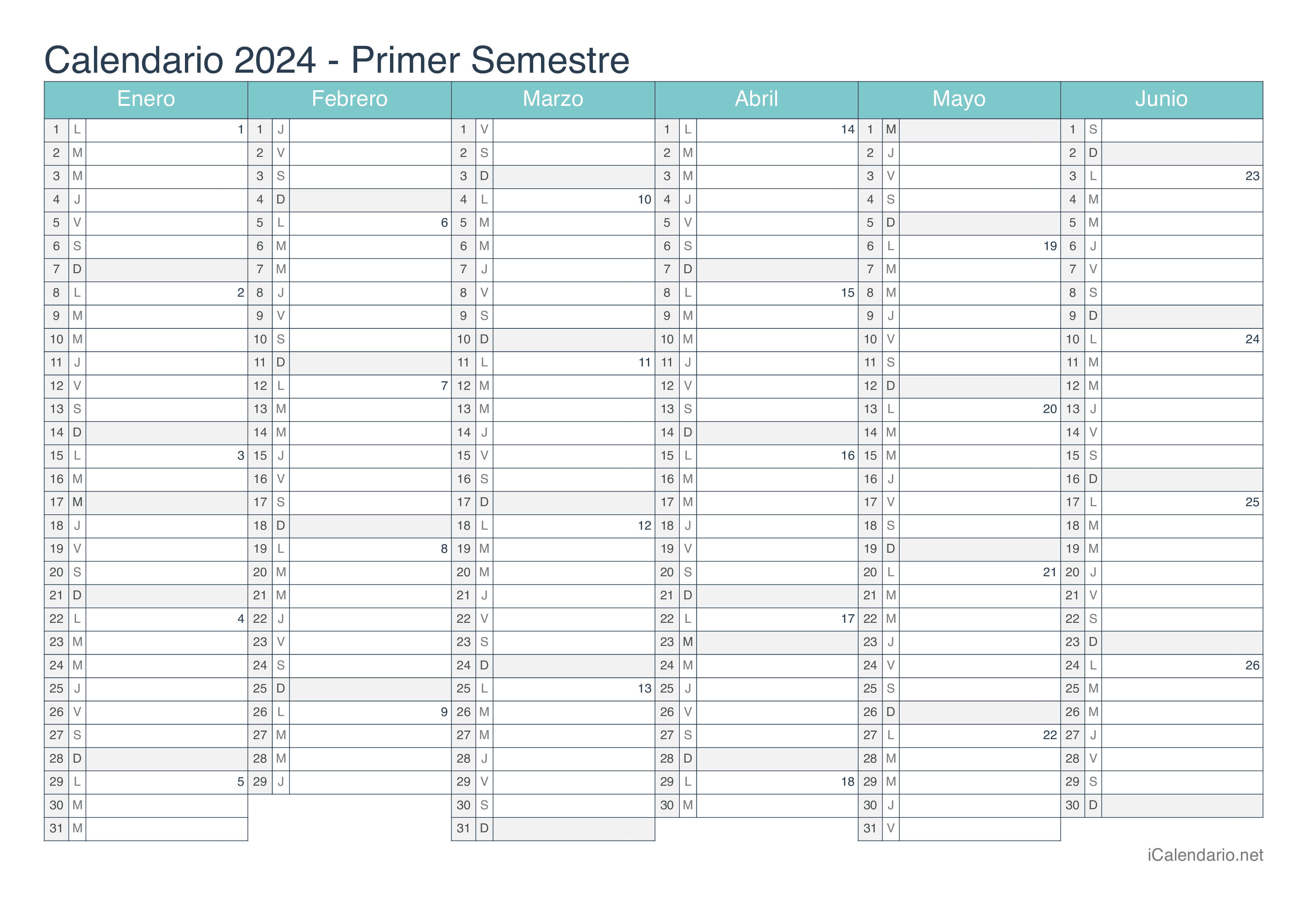 Calendario por semestre com números da semana 2024 - Turquesa