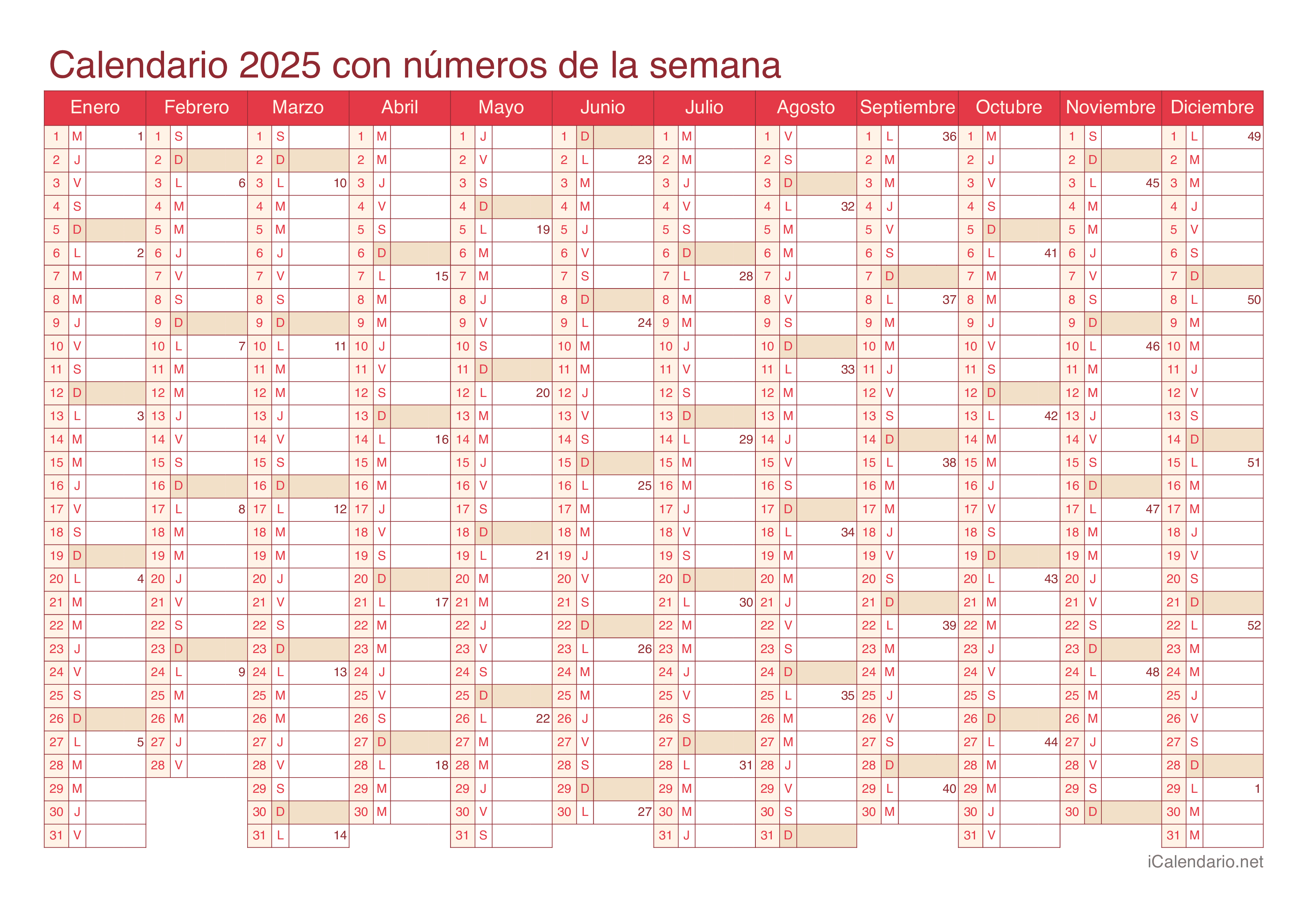 Calendario 2025 con números de semana - Cherry