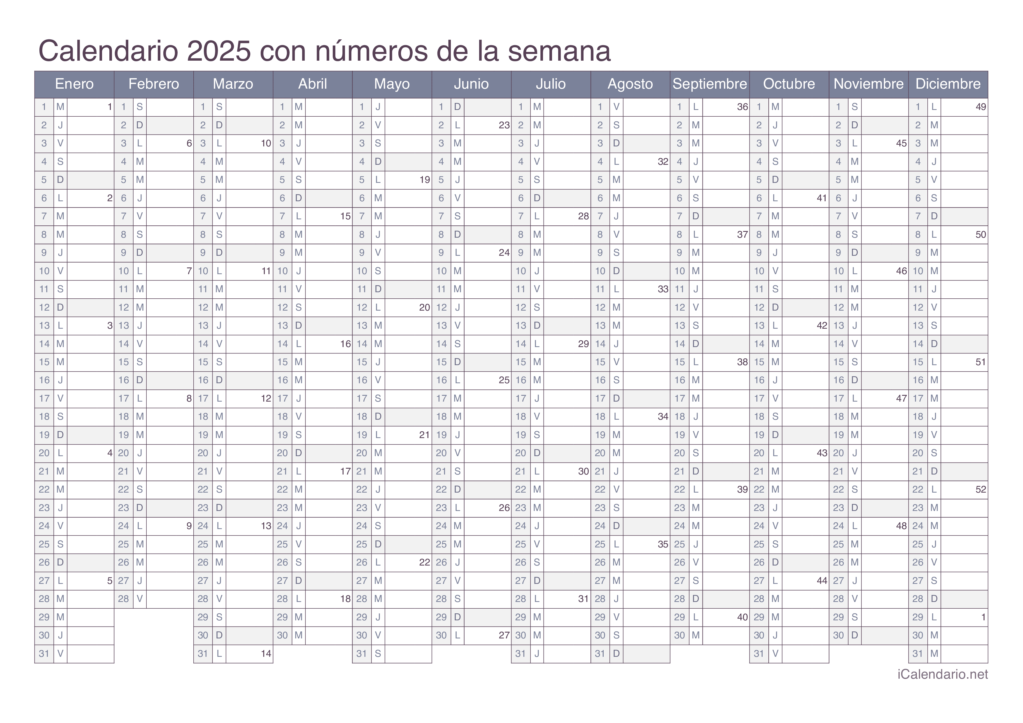 Calendario 2025 con números de semana - Office
