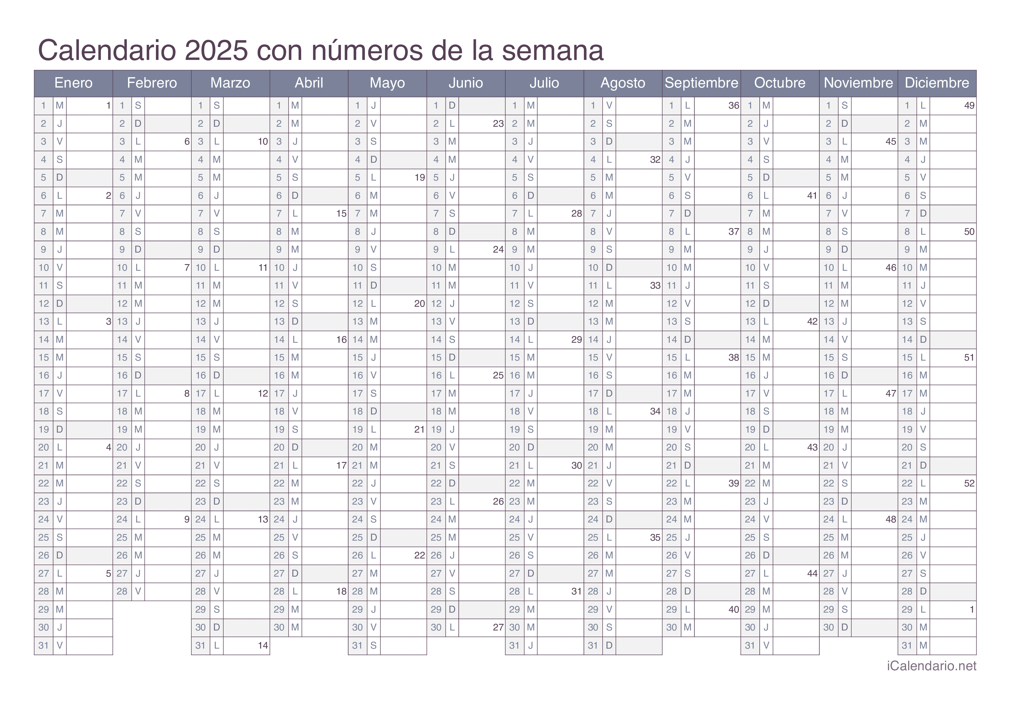 Calendario 2025 para imprimir PDF y Excel