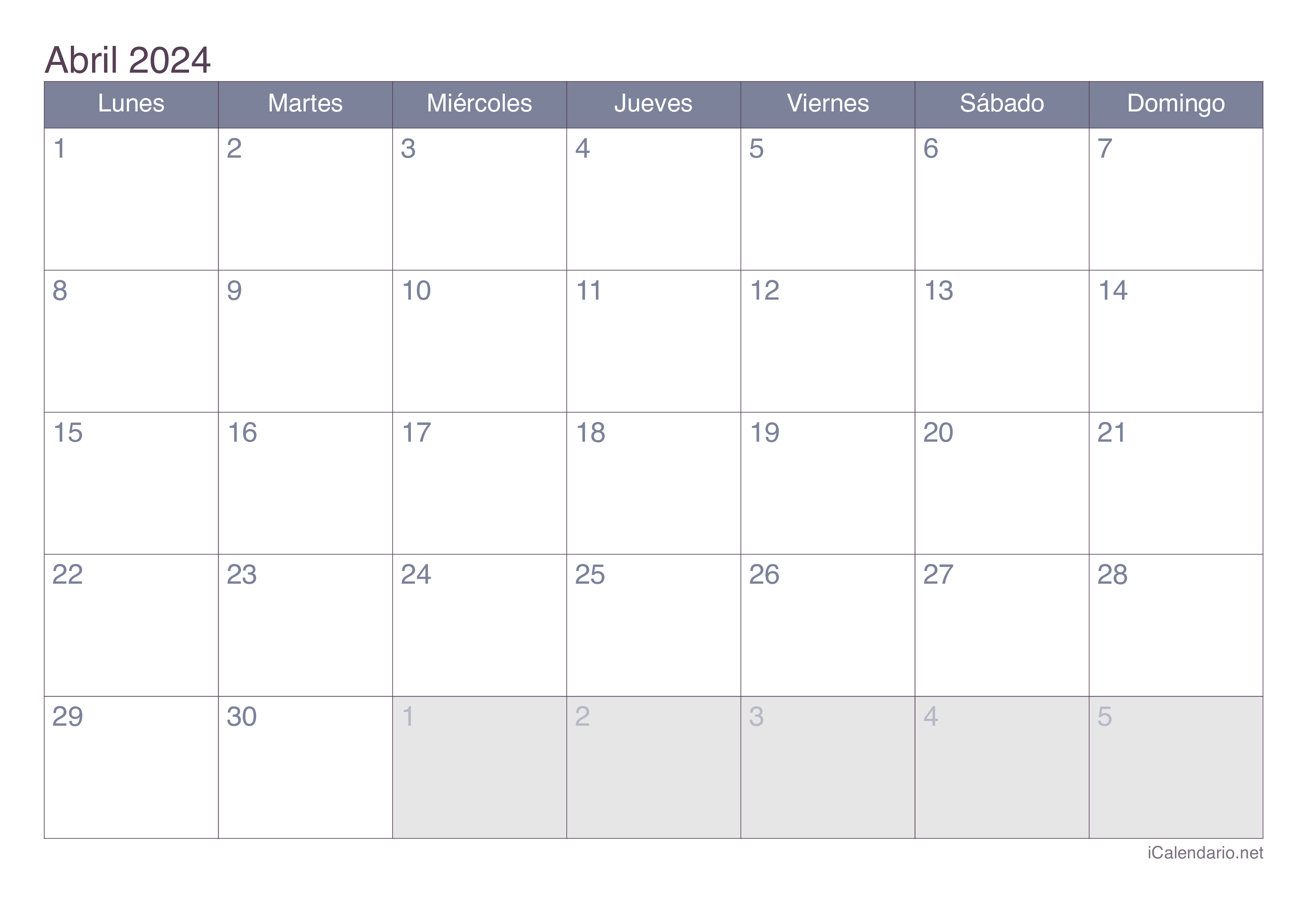 Calendario abril de 2025 para imprimir