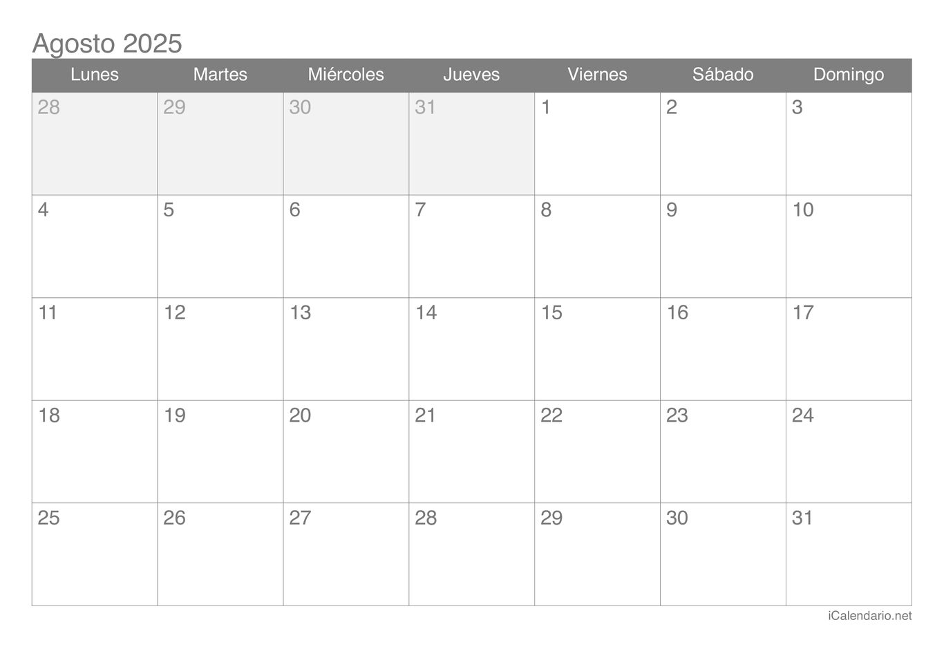 Calendario de agosto 2025