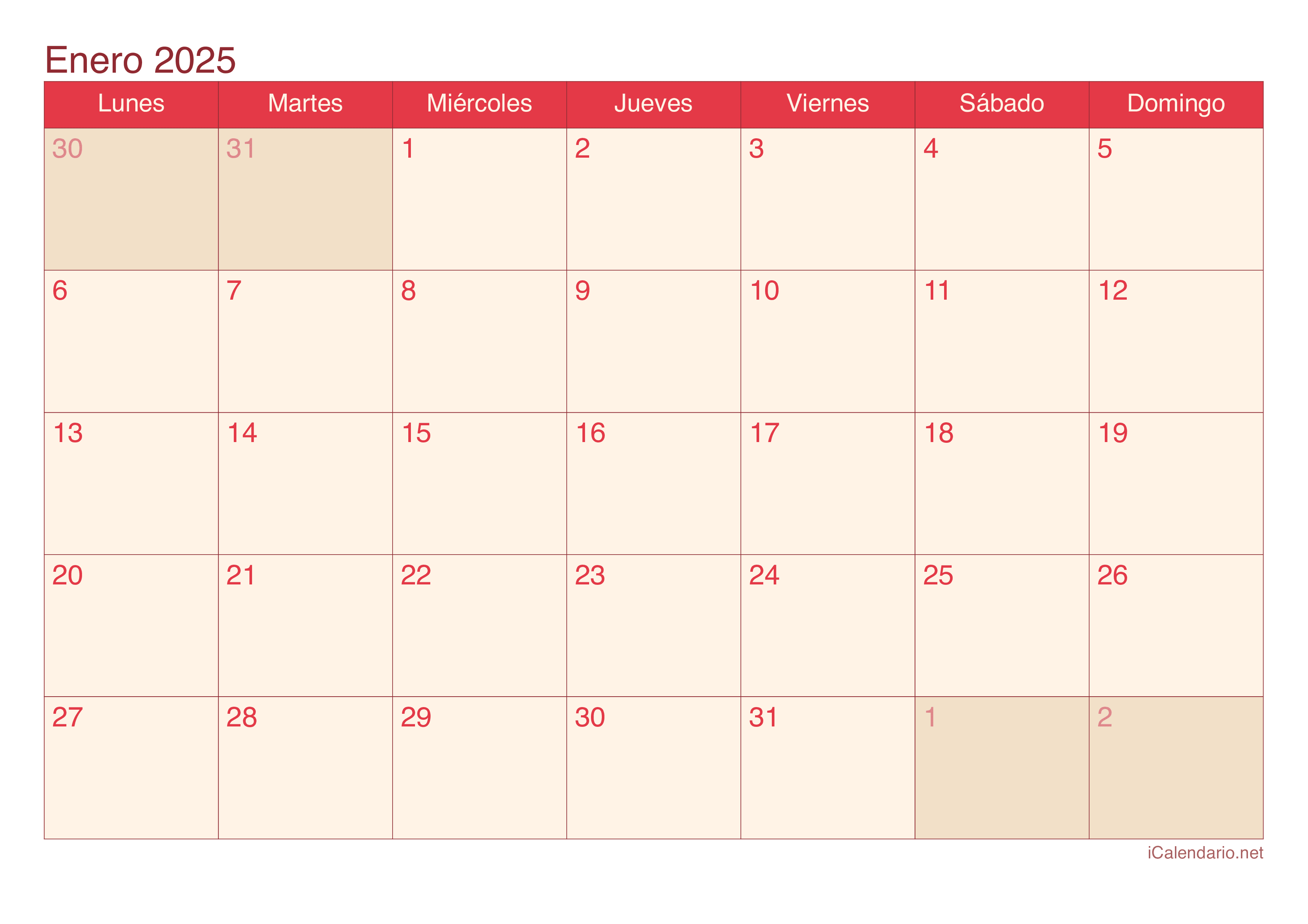 Calendario por mes 2025 - Cherry
