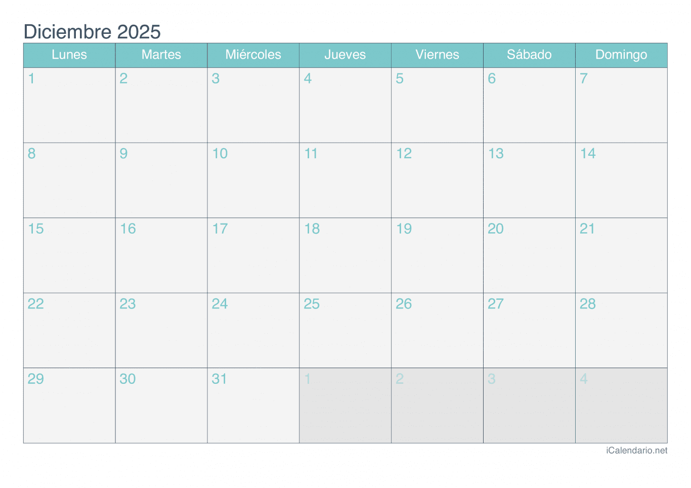 Calendario de diciembre 2025 - Turquesa